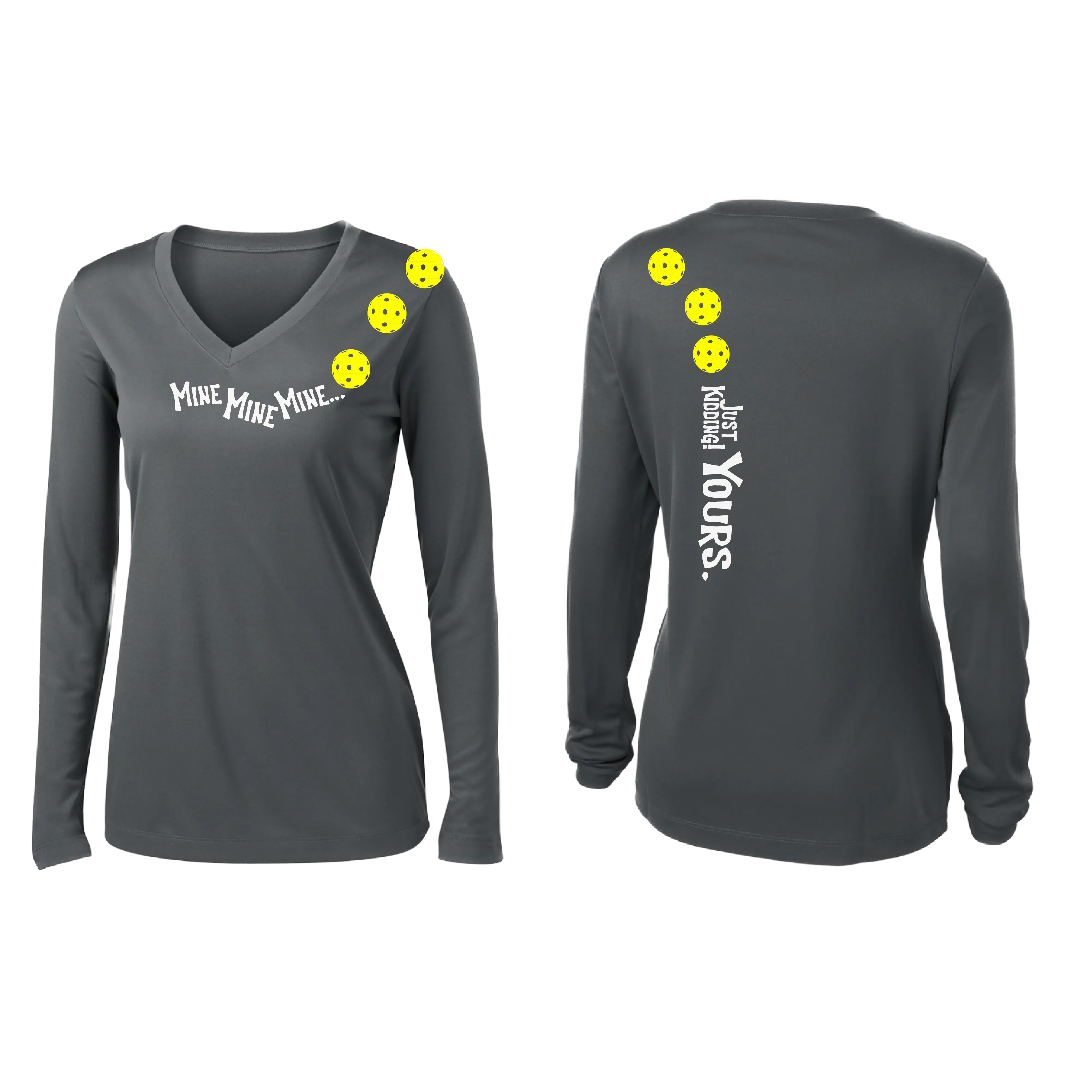 Mine JK Yours (Pickleball Colors Orange Yellow Red)| Women's Long Sleeve V-Neck Pickleball Shirts | 100% Polyester