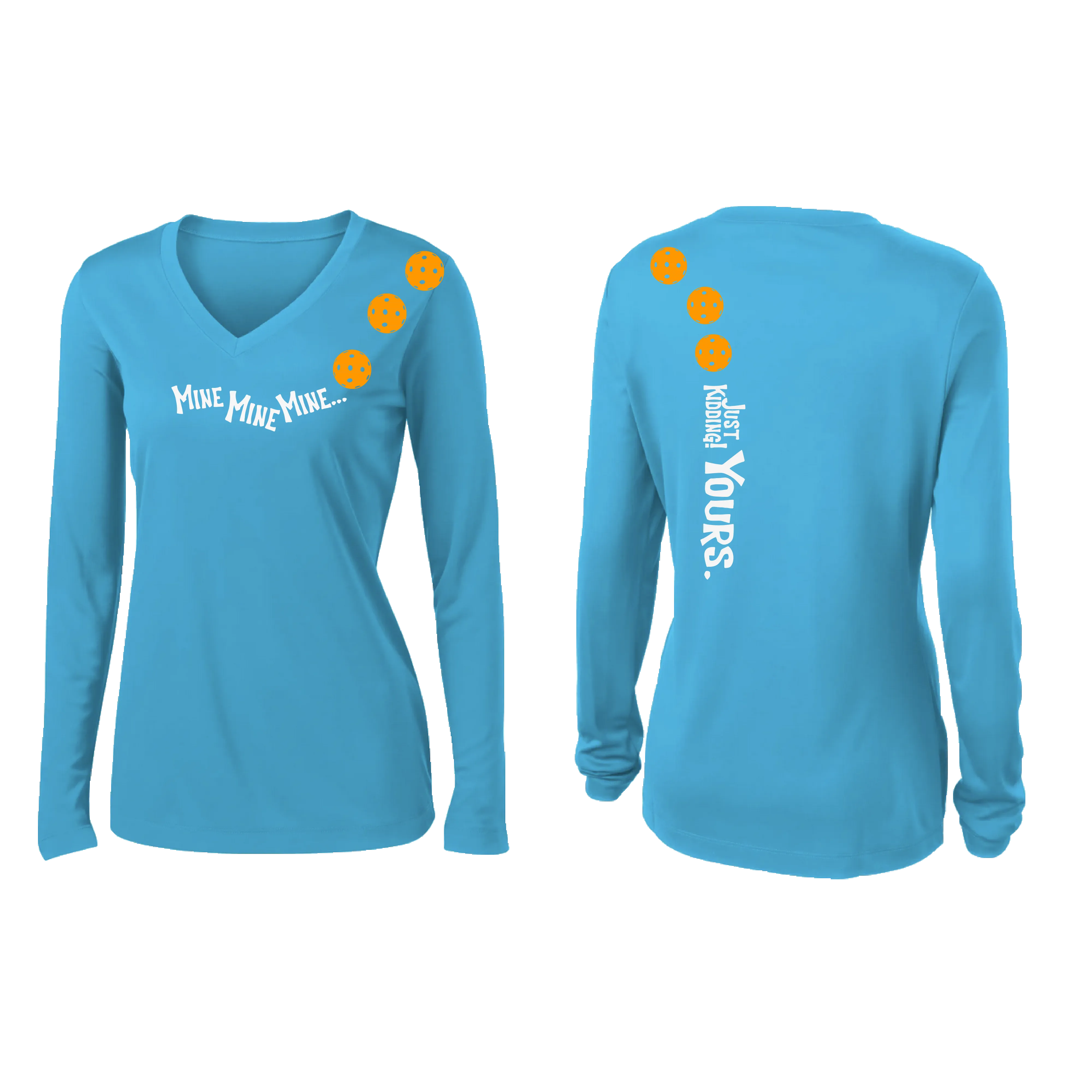 Mine JK Yours (Pickleball Colors Orange Yellow Red)| Women's Long Sleeve V-Neck Pickleball Shirts | 100% Polyester