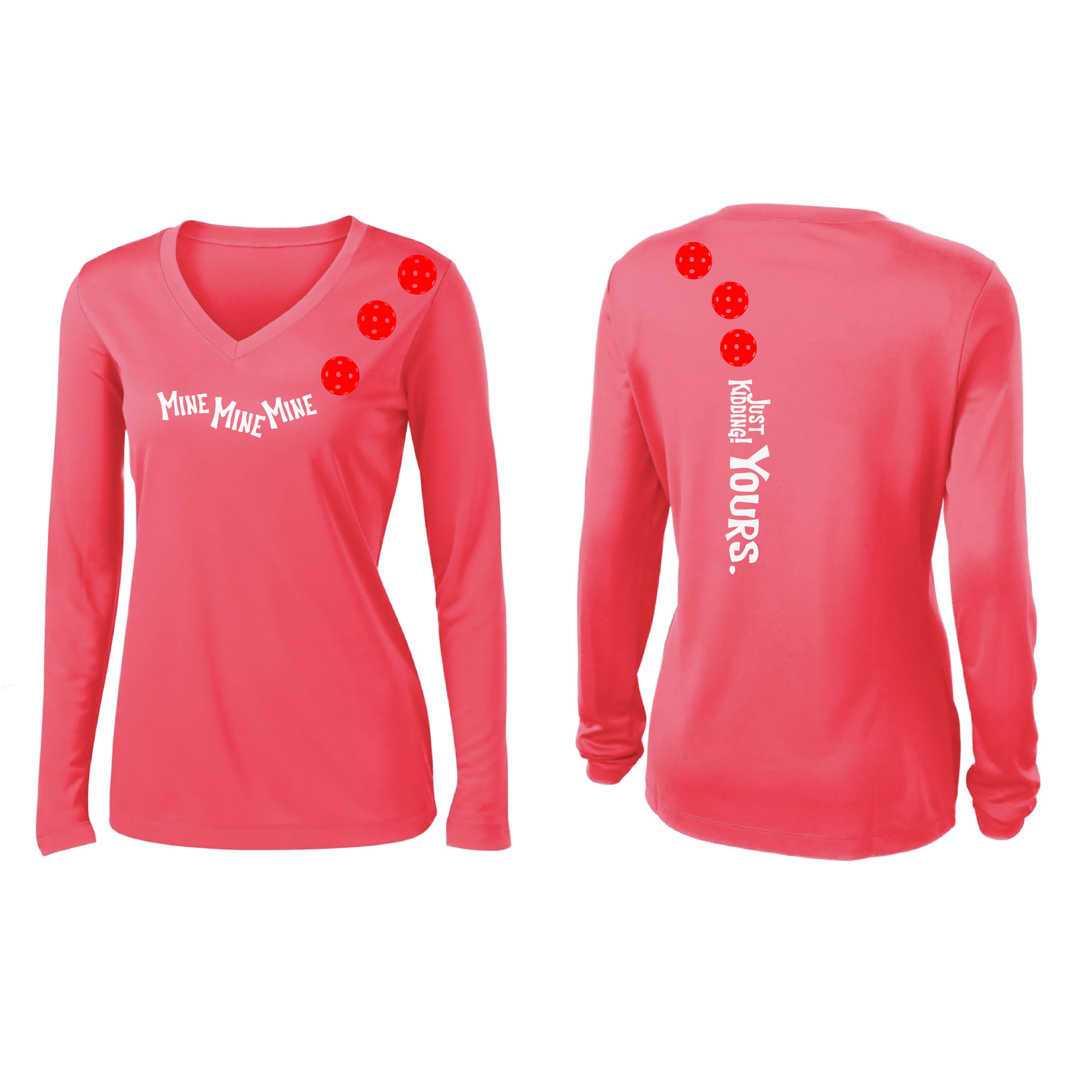 Mine JK Yours (Pickleball Colors Orange Yellow Red)| Women's Long Sleeve V-Neck Pickleball Shirts | 100% Polyester