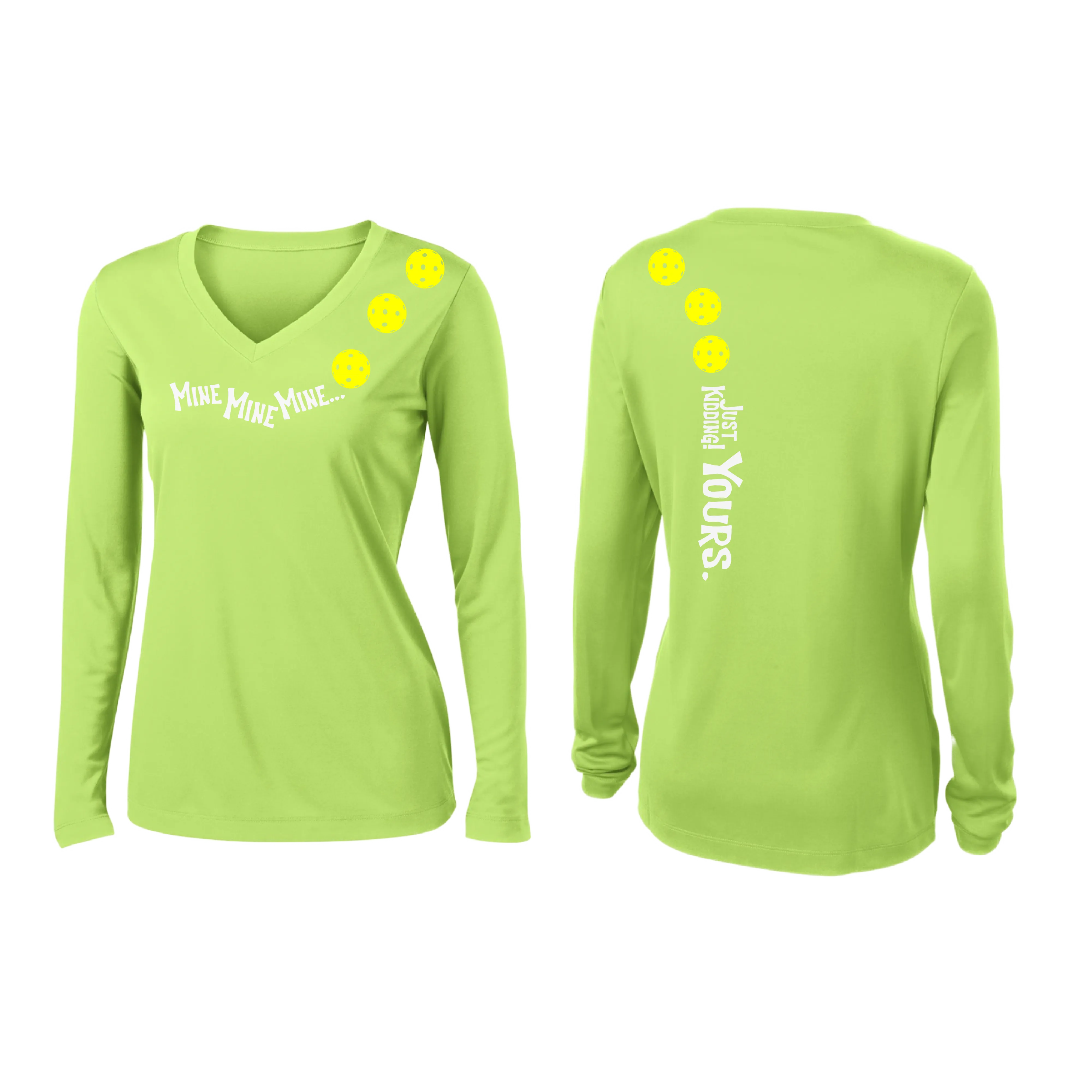 Mine JK Yours (Pickleball Colors Orange Yellow Red)| Women's Long Sleeve V-Neck Pickleball Shirts | 100% Polyester