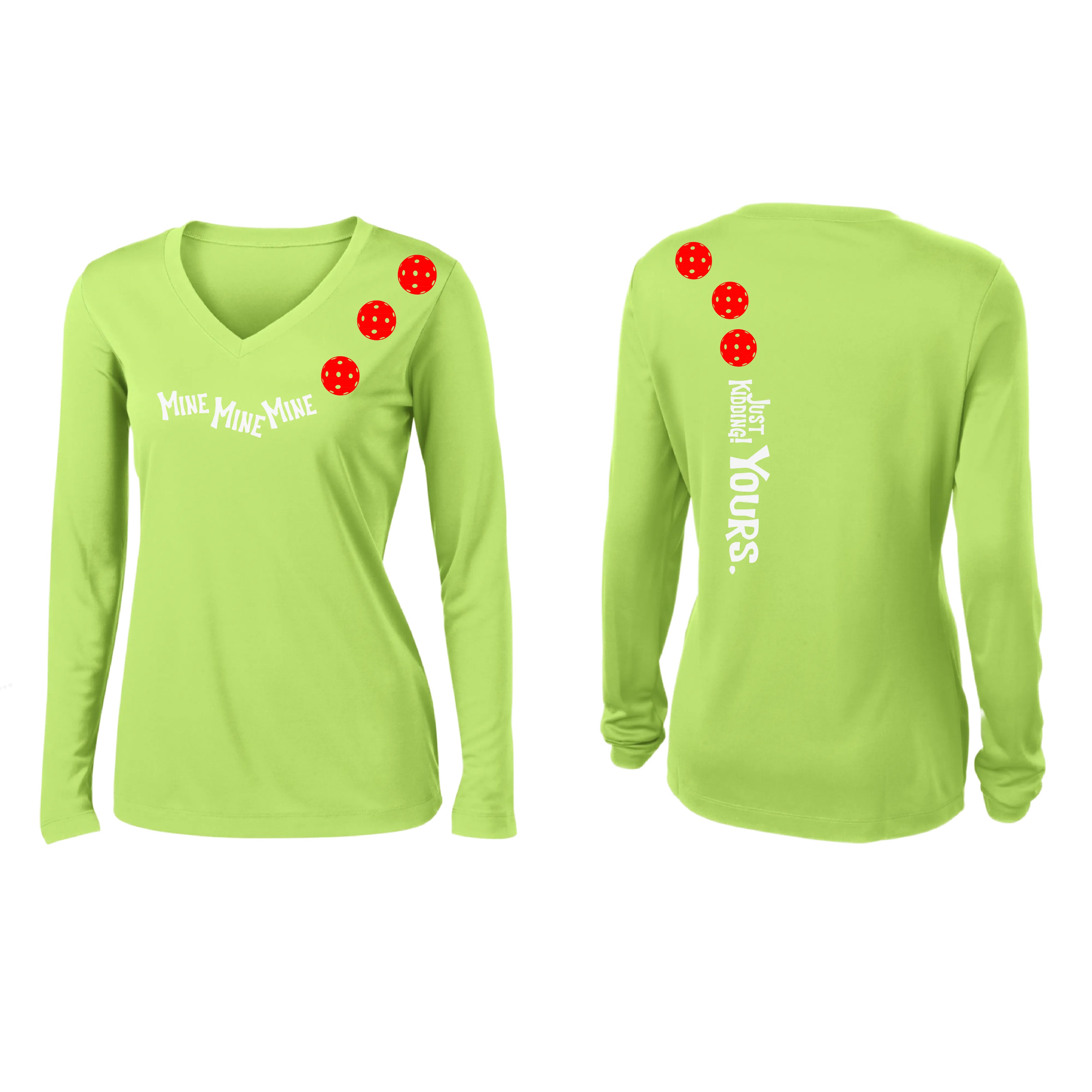 Mine JK Yours (Pickleball Colors Orange Yellow Red)| Women's Long Sleeve V-Neck Pickleball Shirts | 100% Polyester