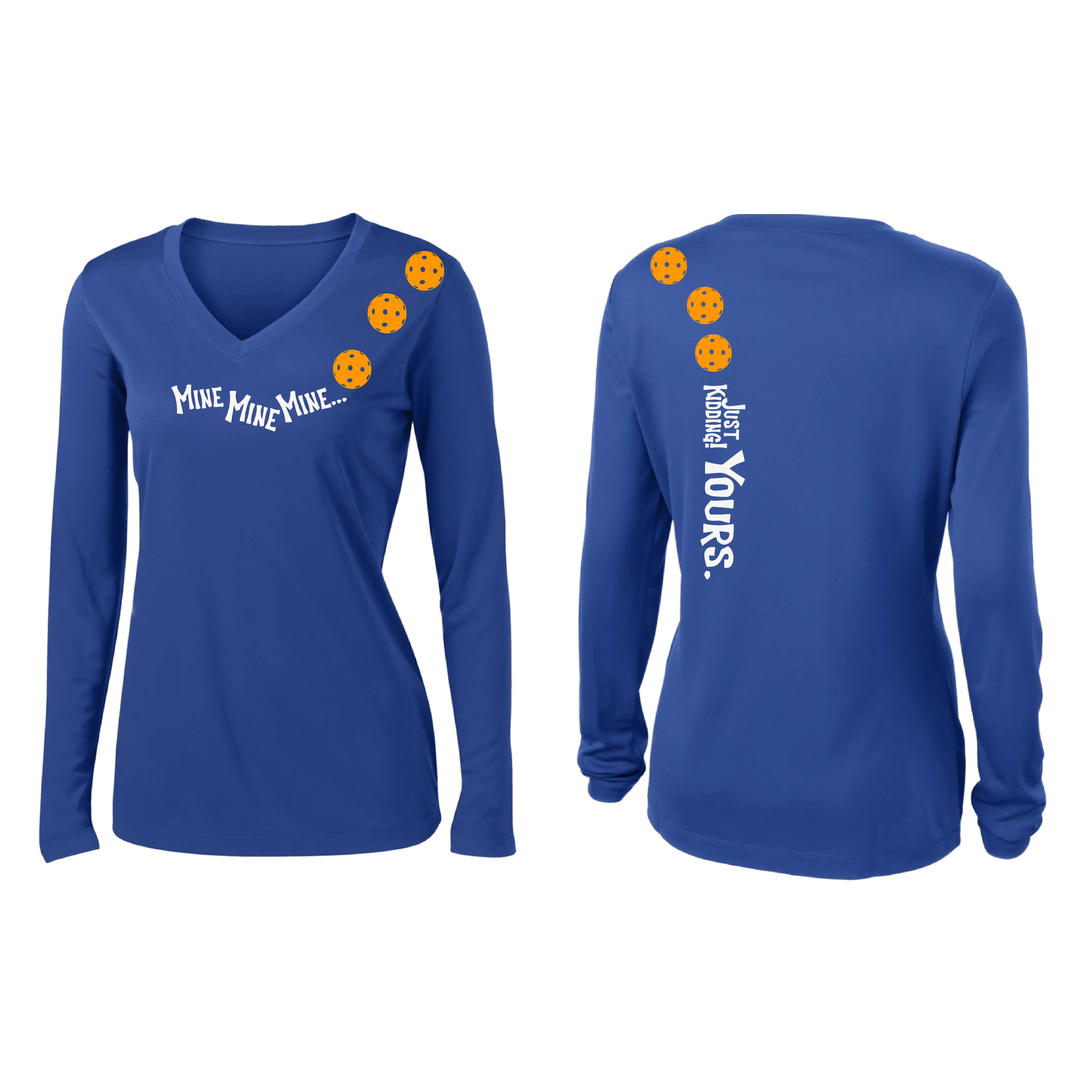 Mine JK Yours (Pickleball Colors Orange Yellow Red)| Women's Long Sleeve V-Neck Pickleball Shirts | 100% Polyester