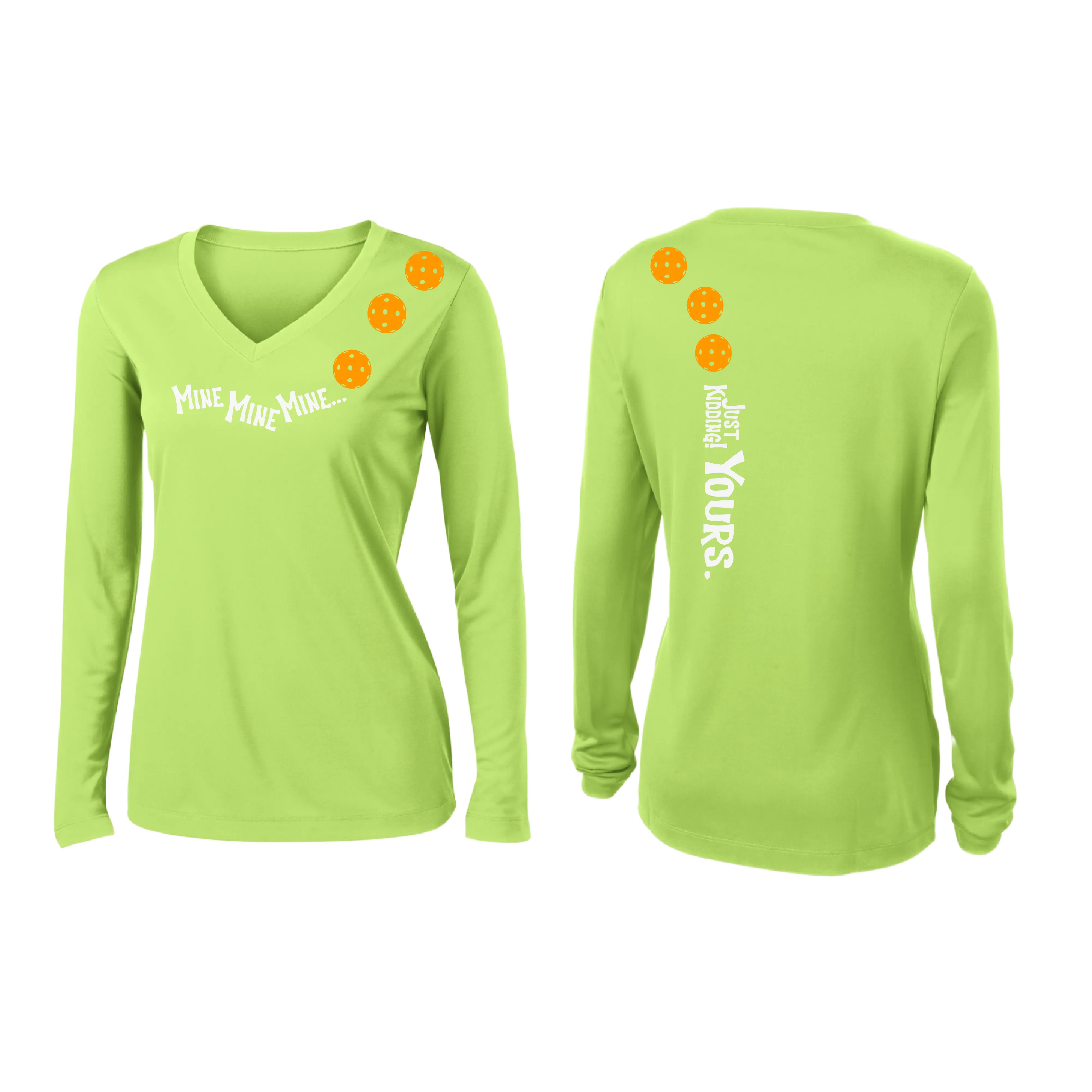 Mine JK Yours (Pickleball Colors Orange Yellow Red)| Women's Long Sleeve V-Neck Pickleball Shirts | 100% Polyester