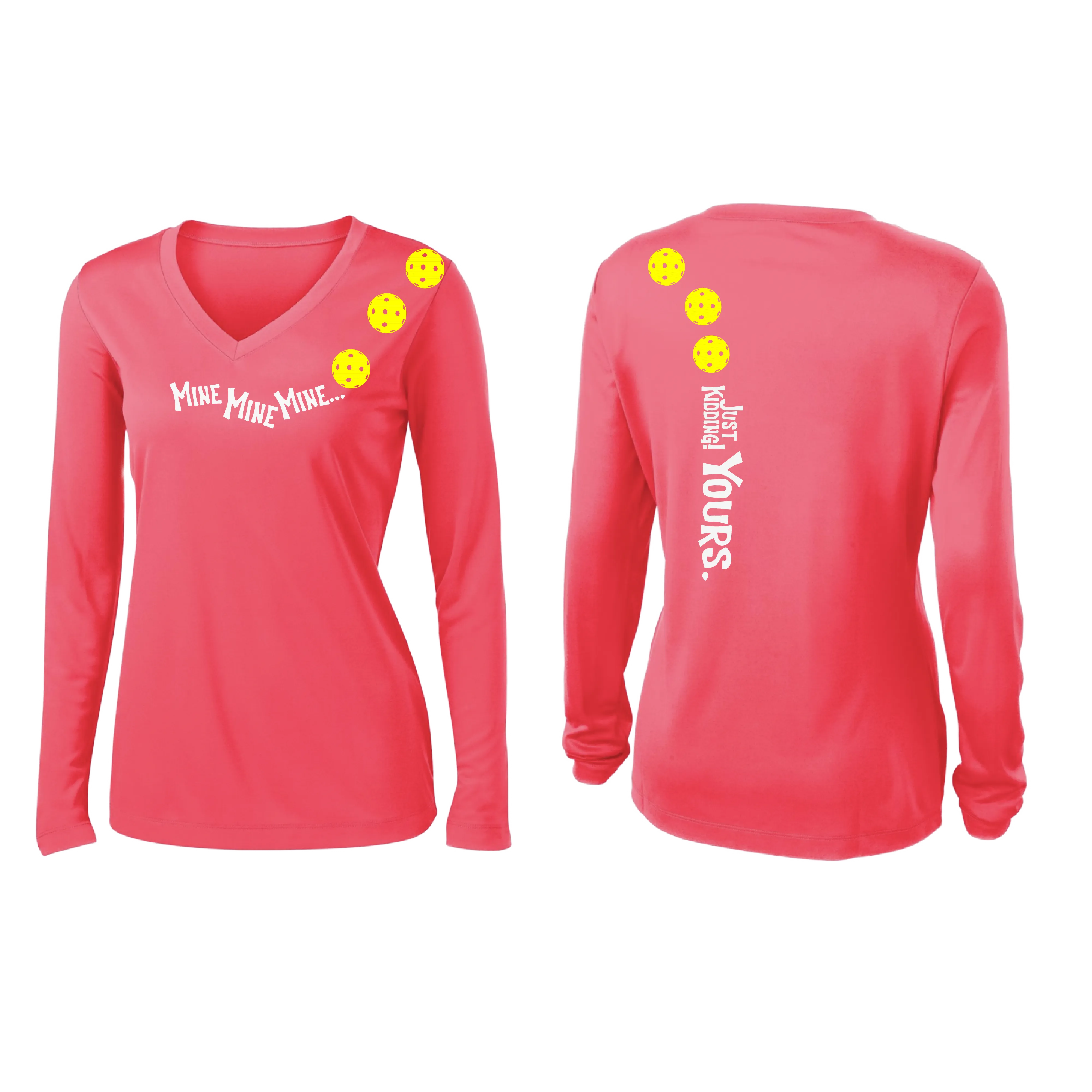 Mine JK Yours (Pickleball Colors Orange Yellow Red)| Women's Long Sleeve V-Neck Pickleball Shirts | 100% Polyester