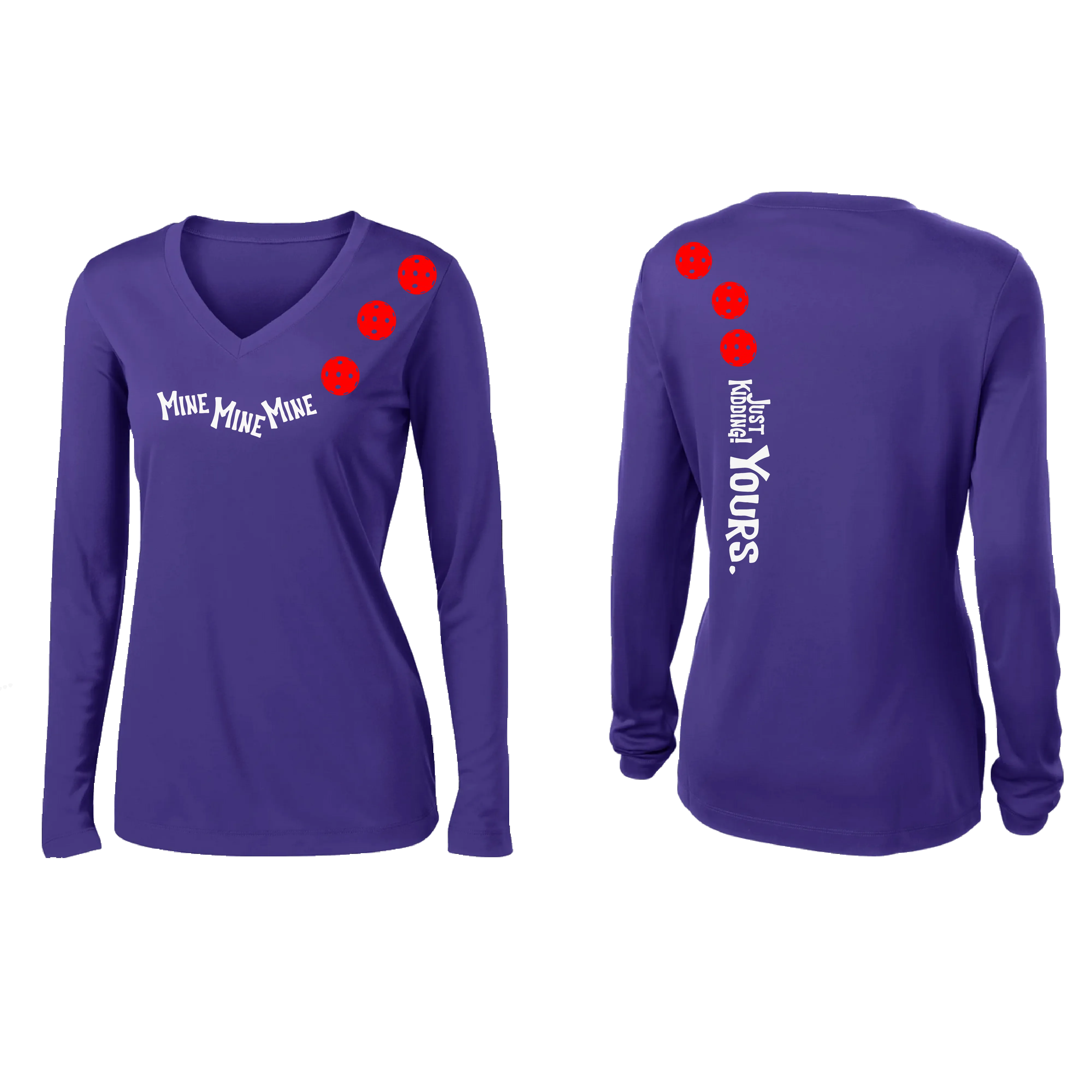 Mine JK Yours (Pickleball Colors Orange Yellow Red)| Women's Long Sleeve V-Neck Pickleball Shirts | 100% Polyester