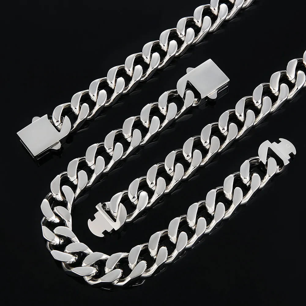 【NEW】14mm Miami Cuban Link Curb Chain and Bracelets Set with Hook Buckle Clasp in White Gold