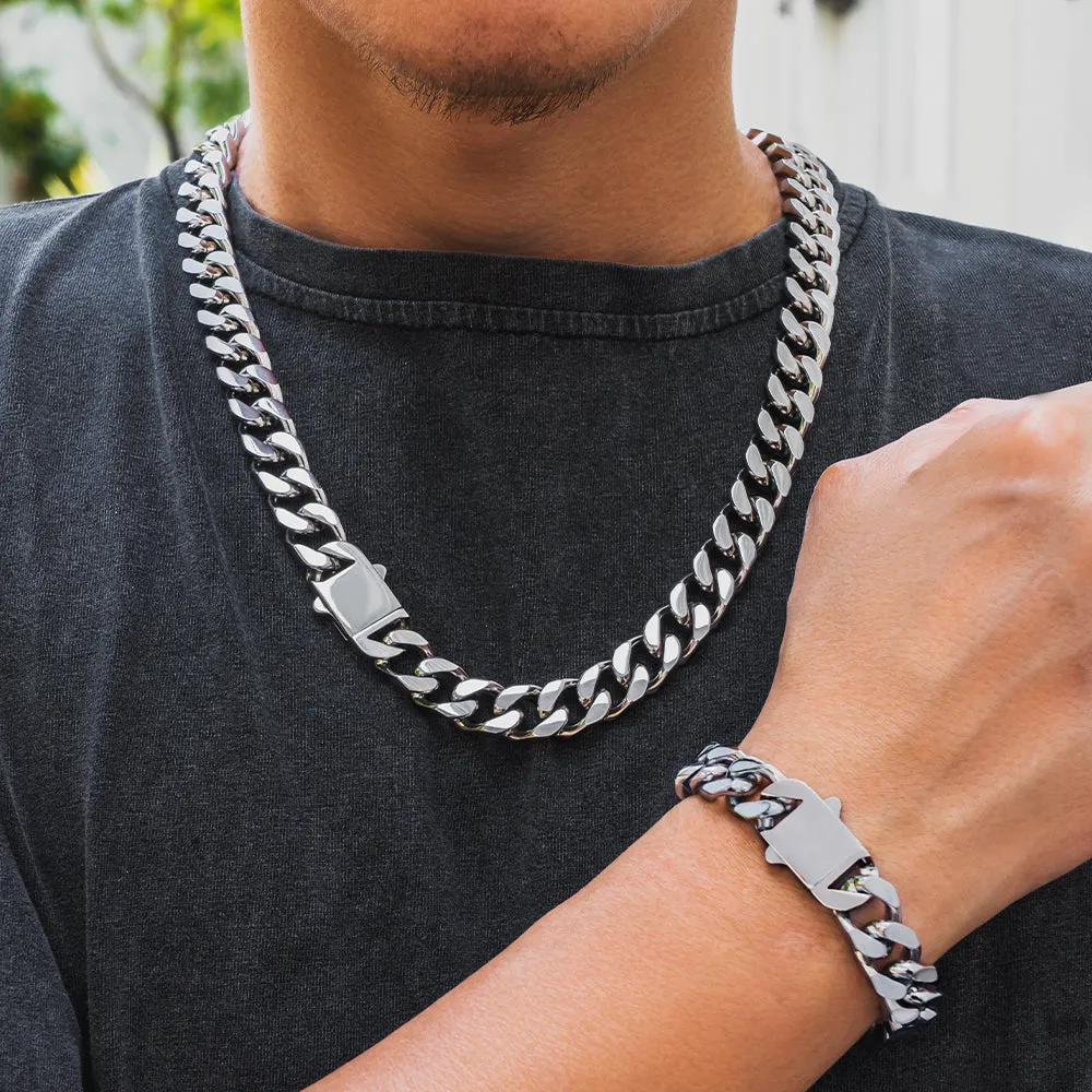 【NEW】14mm Miami Cuban Link Curb Chain and Bracelets Set with Hook Buckle Clasp in White Gold