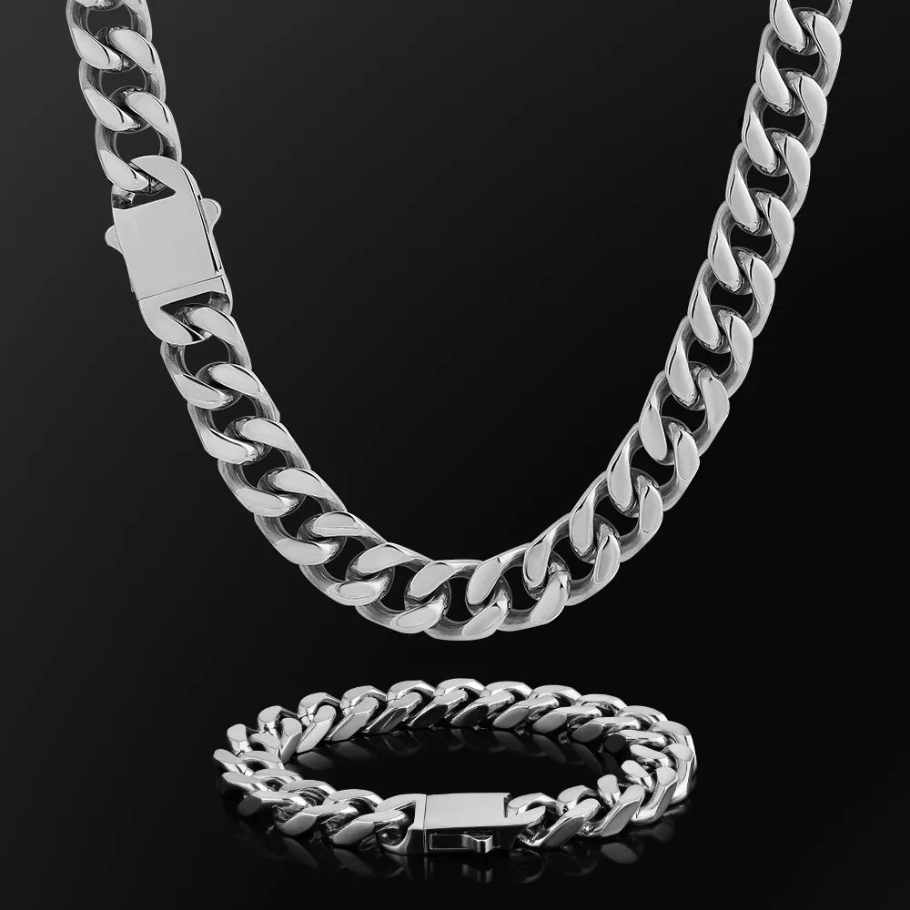 【NEW】14mm Miami Cuban Link Curb Chain and Bracelets Set with Hook Buckle Clasp in White Gold