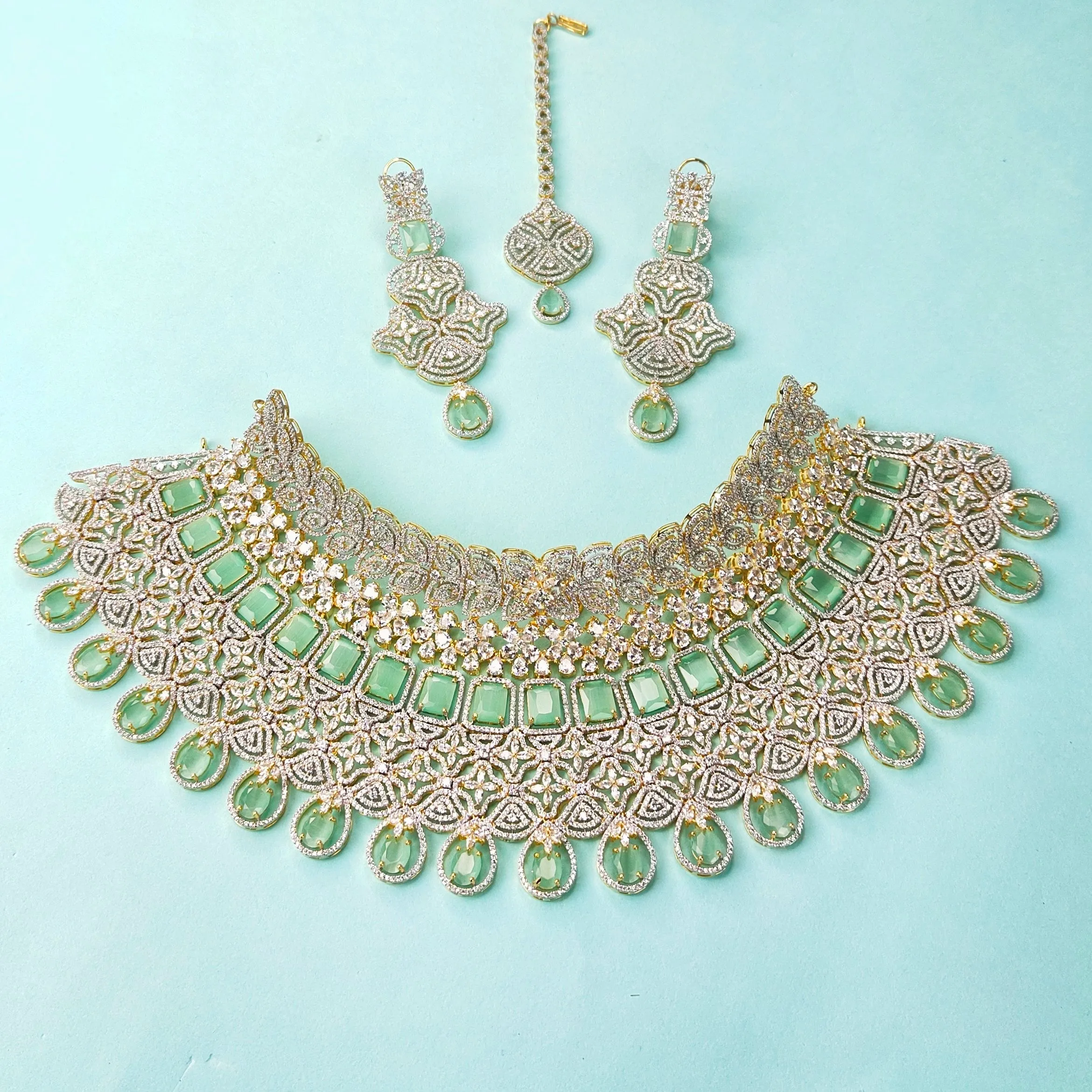 Pastel Green Colour American Diamonds Choker Necklace Set By Asp Fashion Jewellery