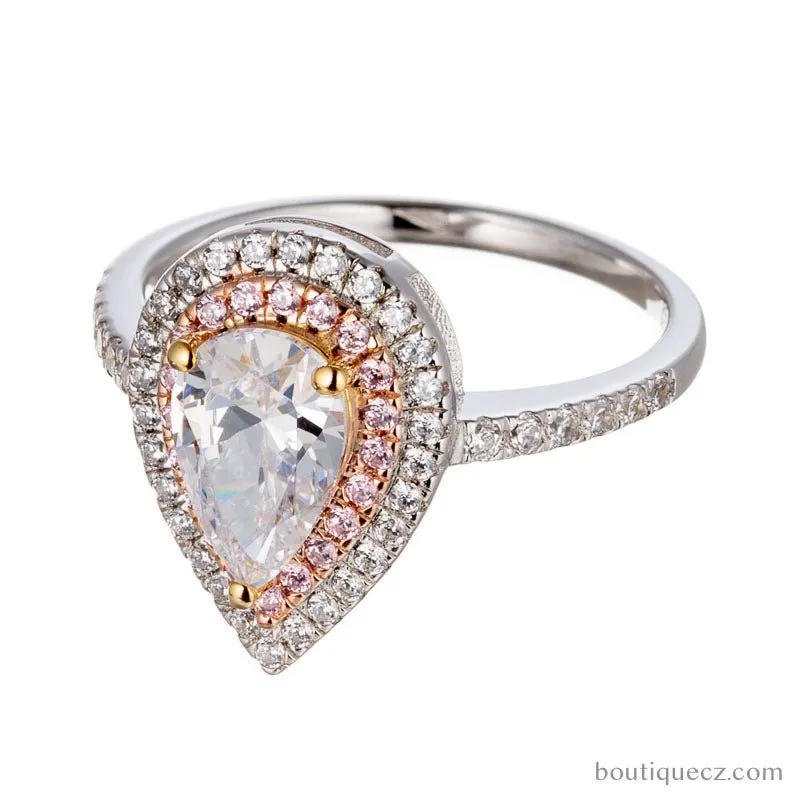 Pear Cut Cubic Zirconia Double Halo Rose and White Gold Plated Silver Engagement Ring