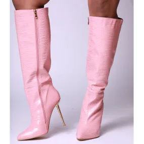 Pink Croc Print Faux Leather Metallic Heel Knee High Long Boots