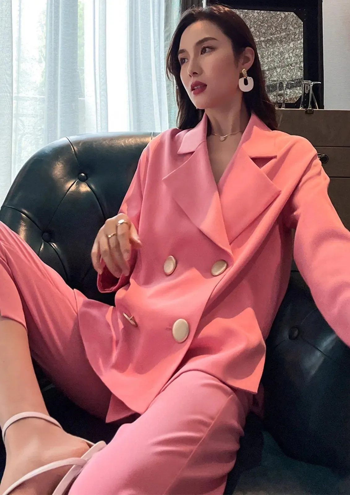 Pink Double Breasted Notch Collar Blazer & Crop Pants