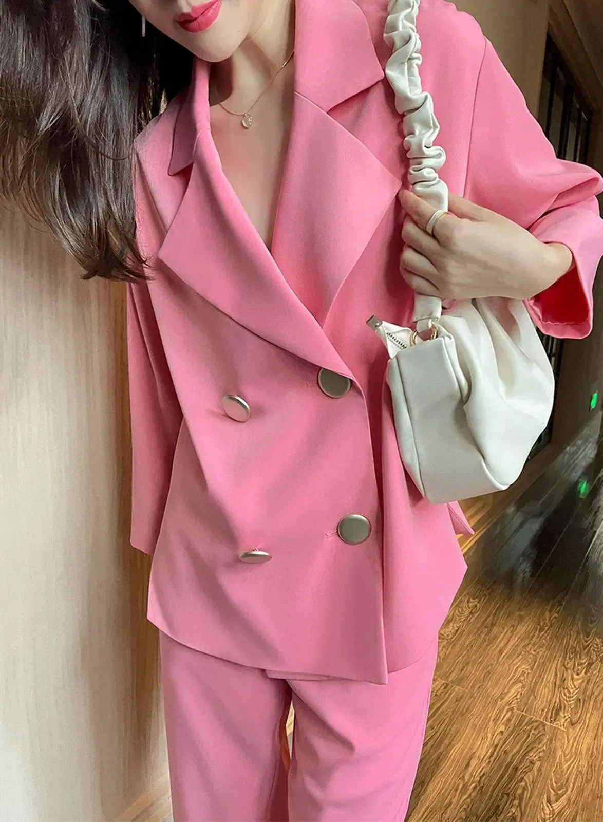 Pink Double Breasted Notch Collar Blazer & Crop Pants