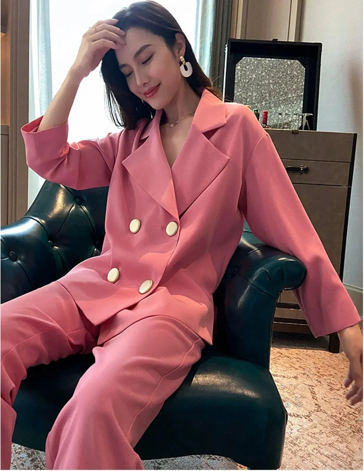 Pink Double Breasted Notch Collar Blazer & Crop Pants