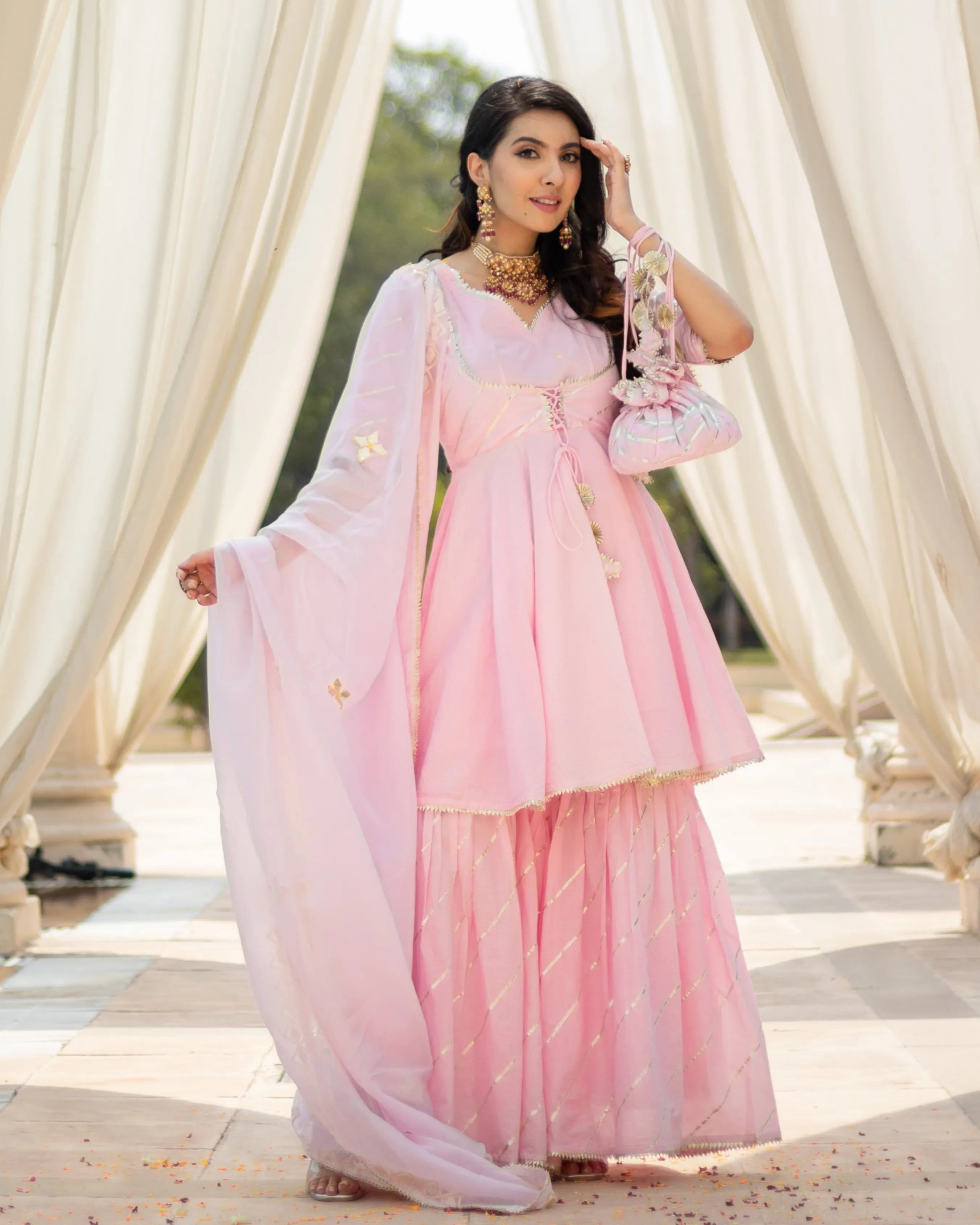 Pink Rhythm Gota Sharara Set With Gota Potli