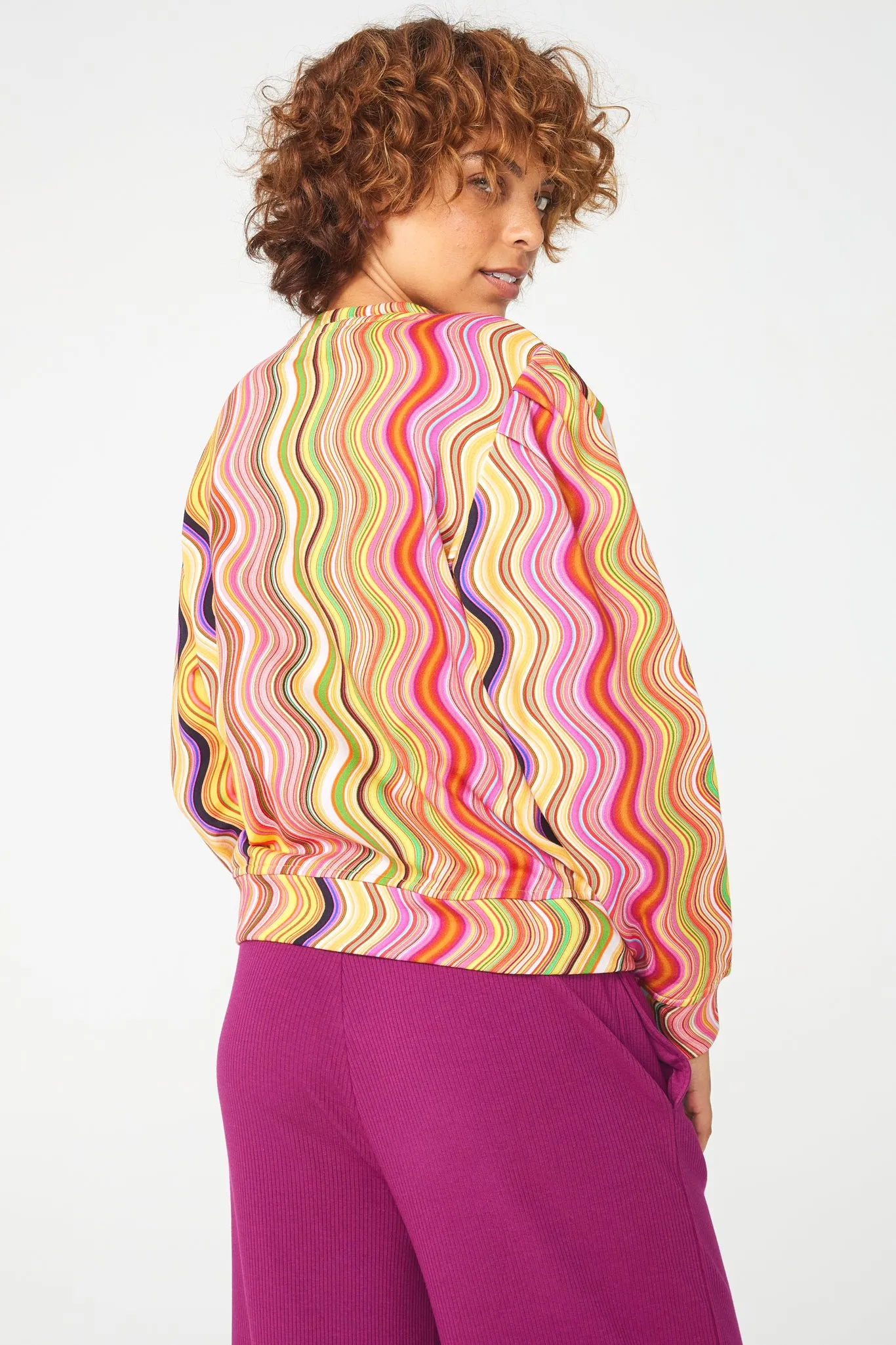 Pleated Sleeve Crop Crew in Swirl Stripe