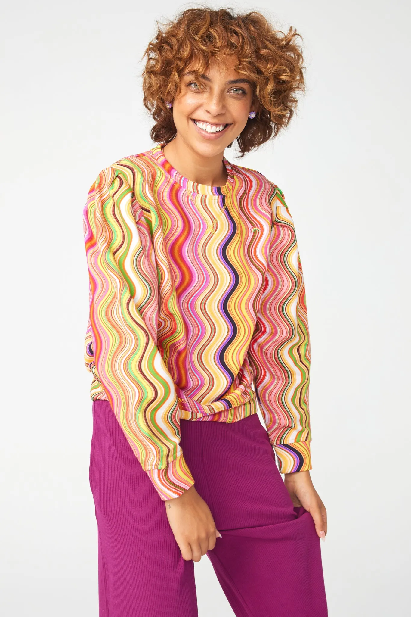 Pleated Sleeve Crop Crew in Swirl Stripe