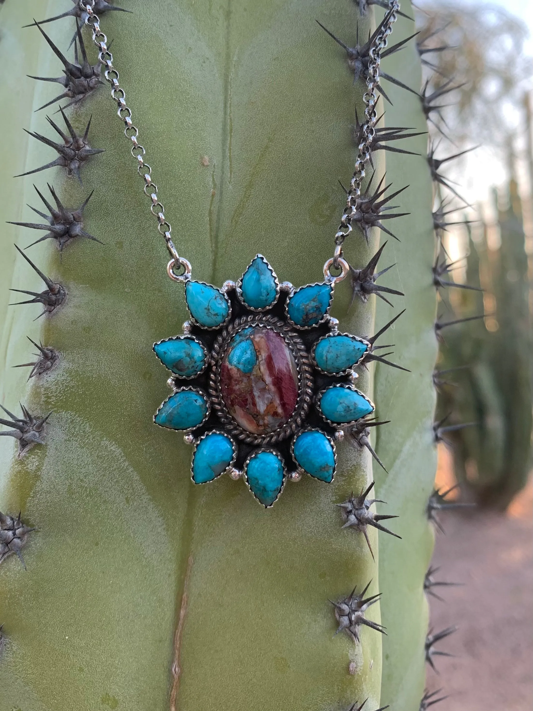 Purple Dahlia & Turquoise Cluster necklace