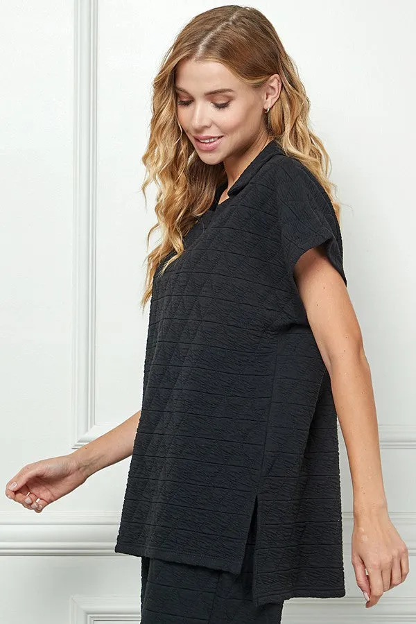 QUILTED COLLARED TOP - Black