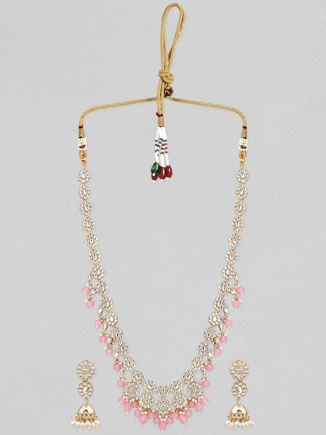 Rubans 22K Gold Plated Necklace Set With American Diamonds And Pink Stones.