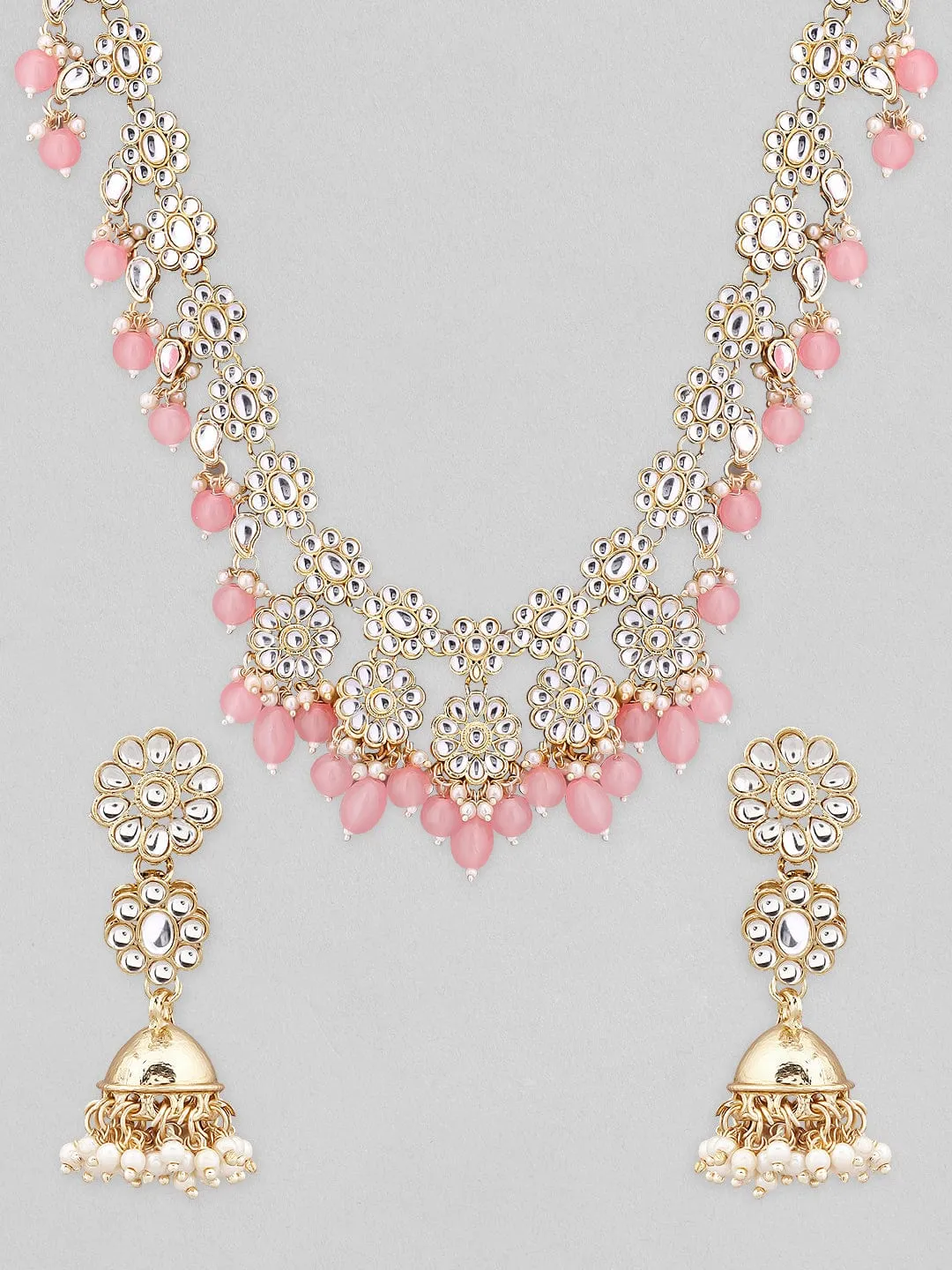 Rubans 22K Gold Plated Necklace Set With American Diamonds And Pink Stones.