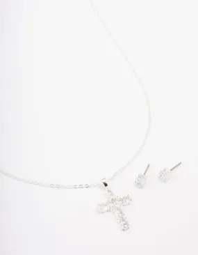 Silver Plated Cubic Zirconia Square Cross Pendant Necklace & Stud Earring Set