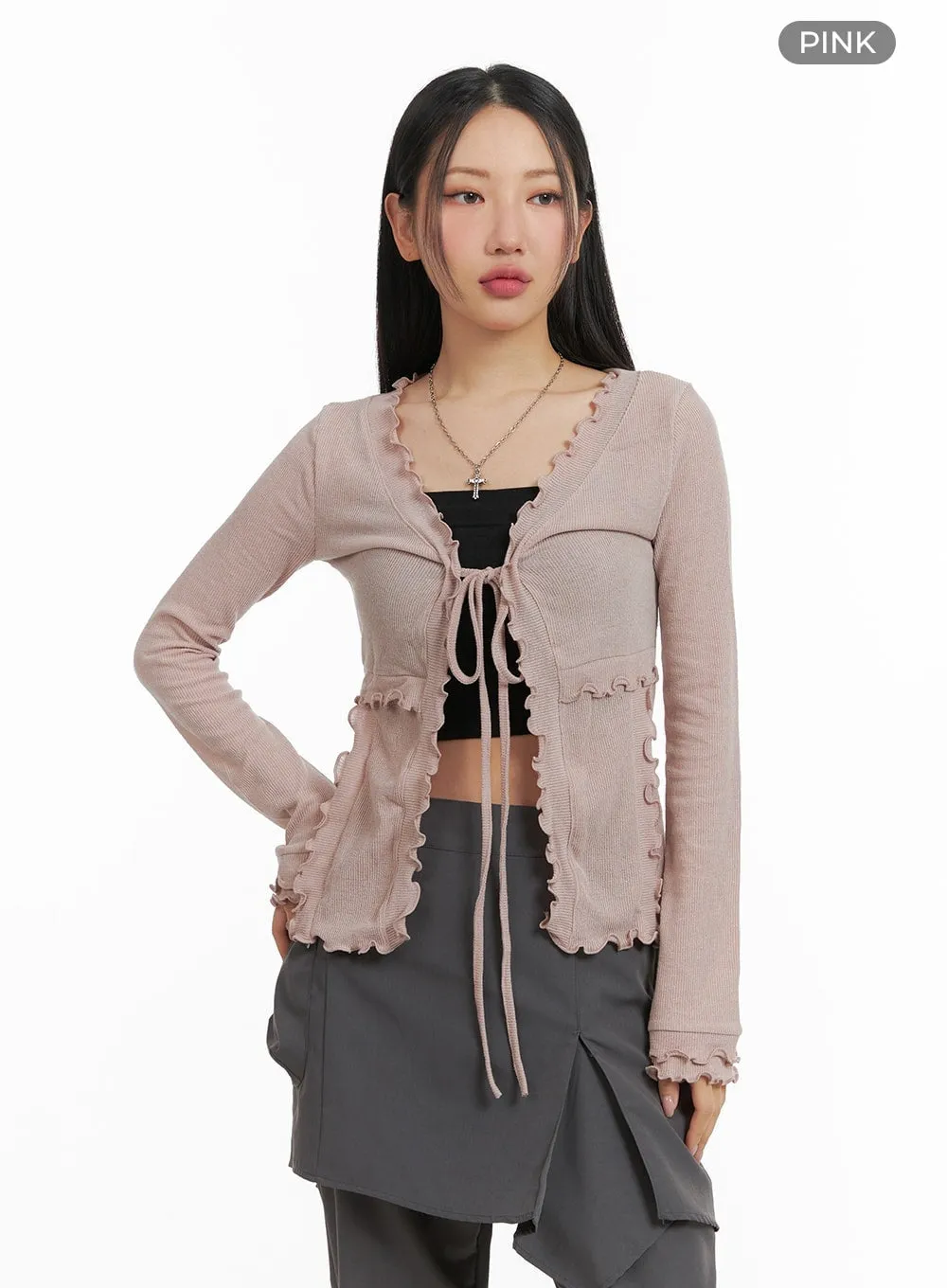 Solid Frill Open Front Knotted Cardigan CM421