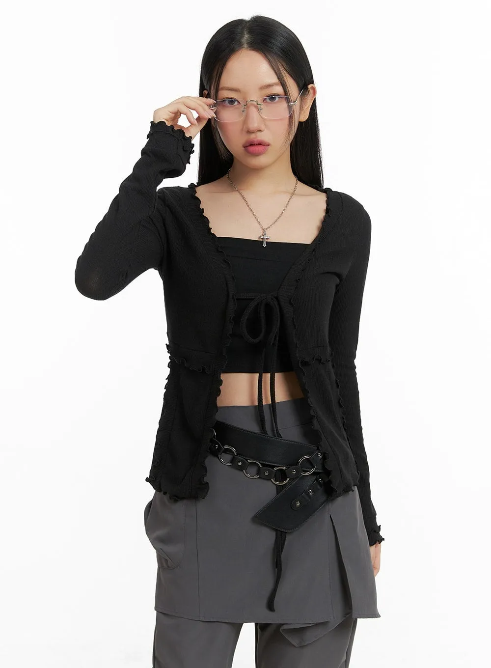 Solid Frill Open Front Knotted Cardigan CM421