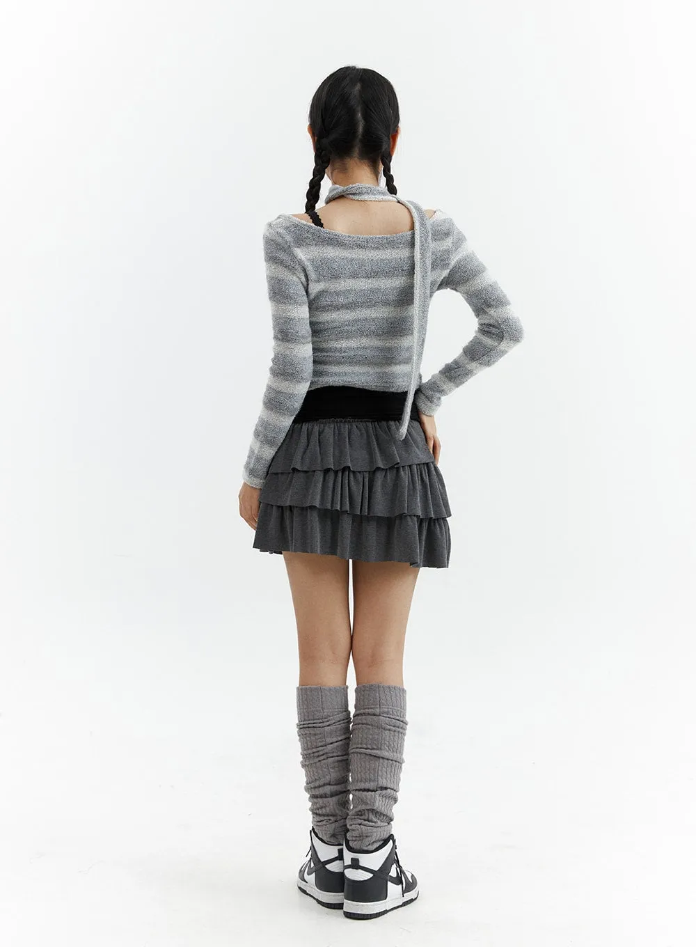 Striped U-Neck Crop Top with Scarf CJ424