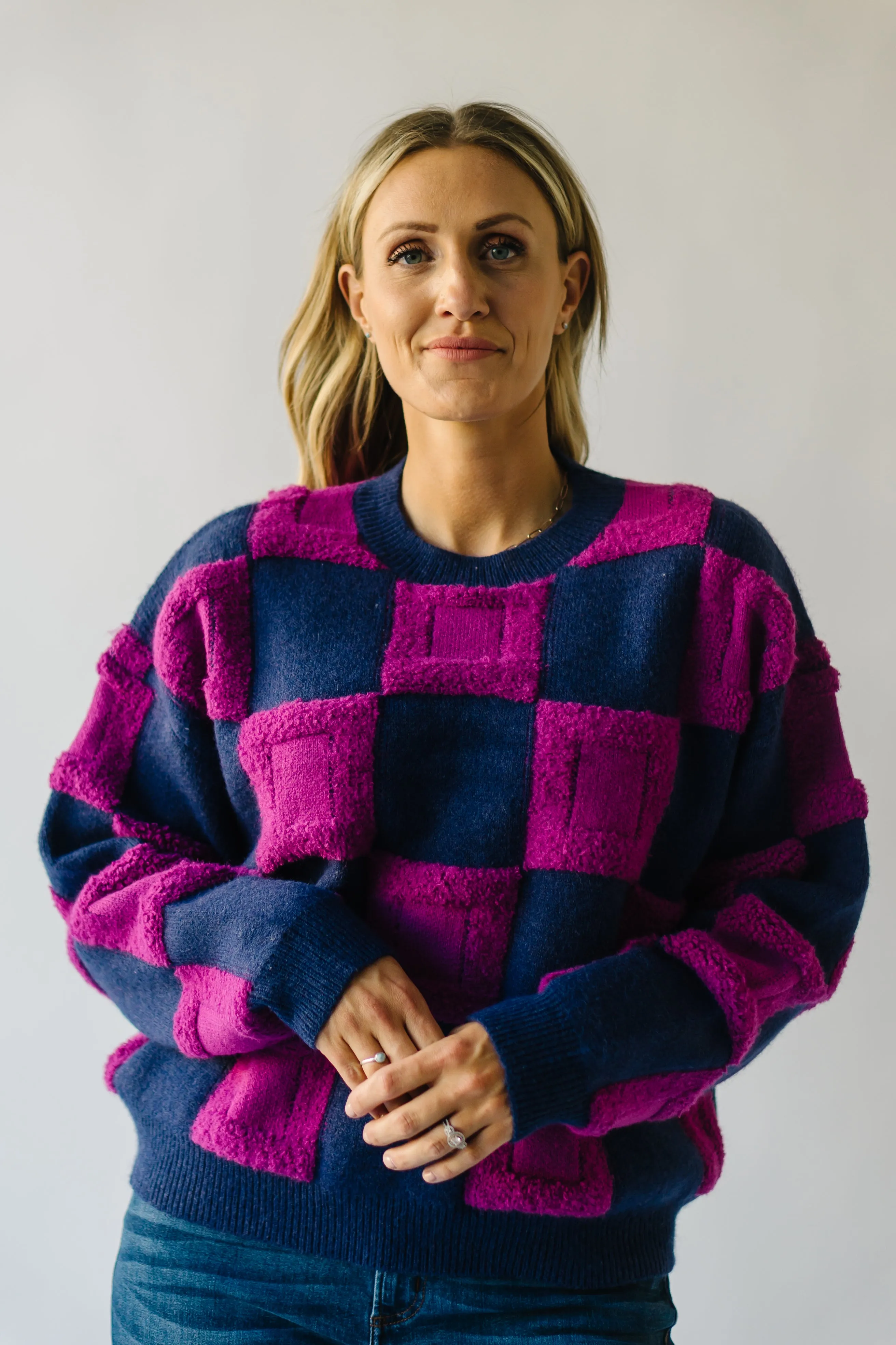 The Cortland Checkered Sweater in Navy   Purple