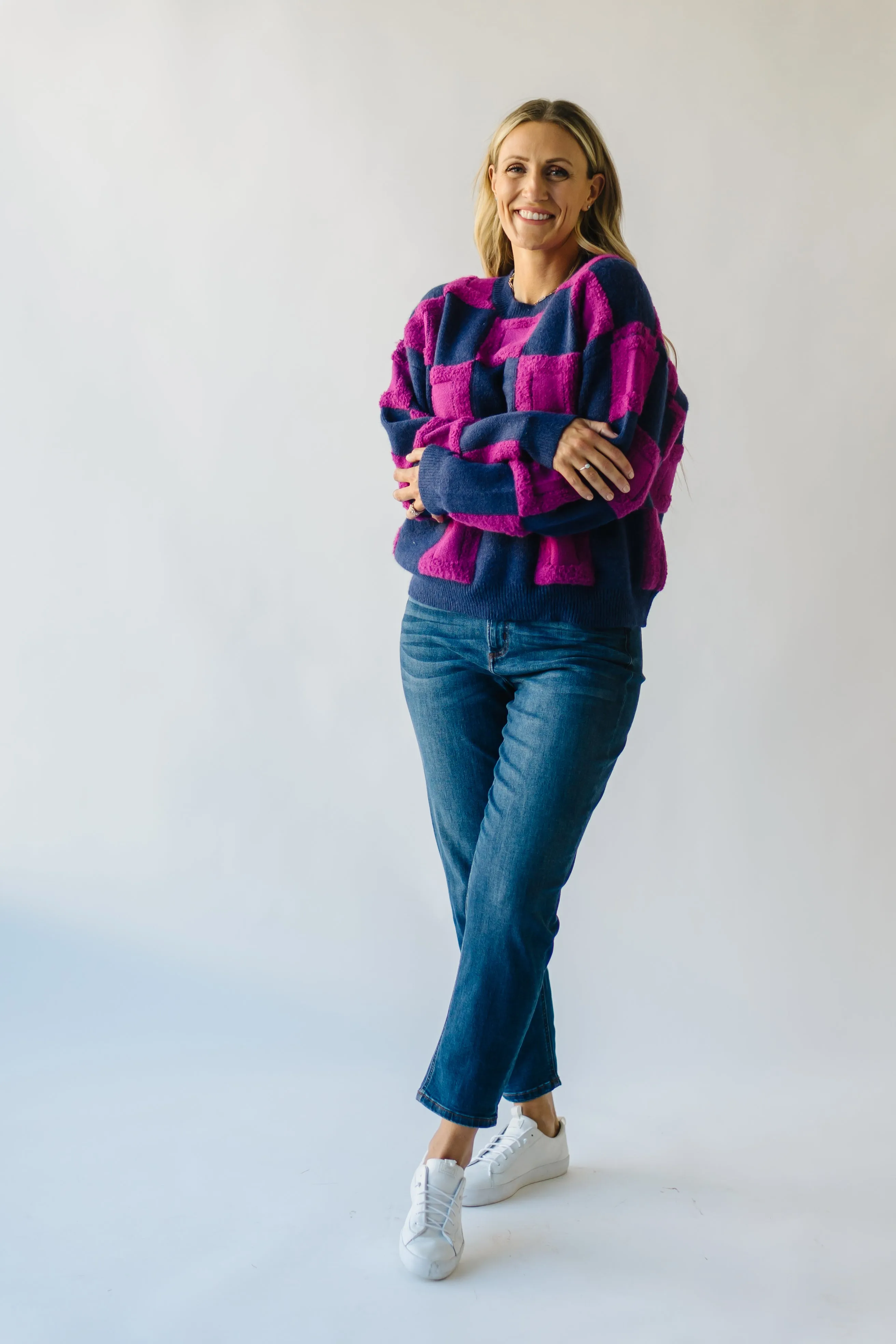 The Cortland Checkered Sweater in Navy   Purple