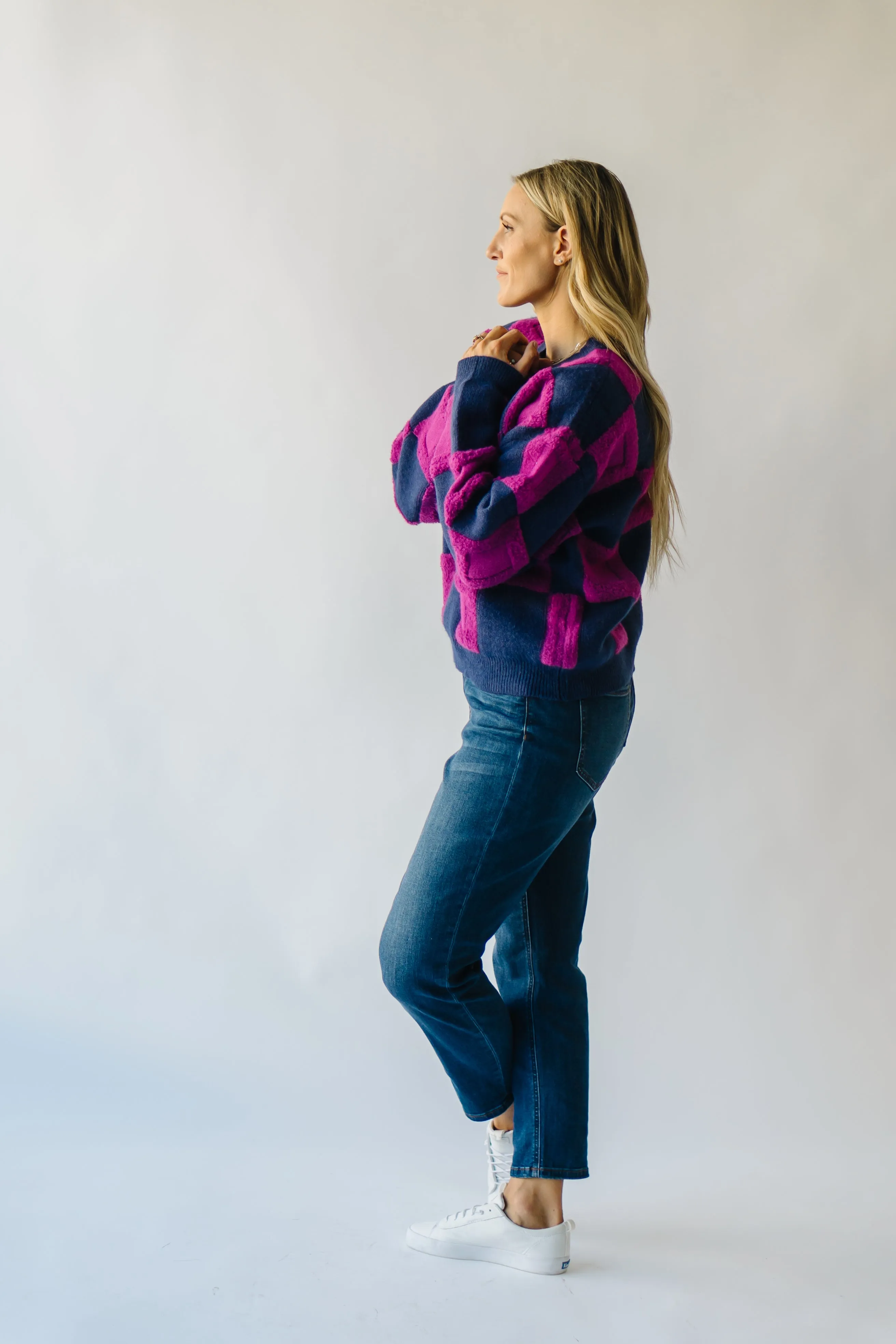 The Cortland Checkered Sweater in Navy   Purple