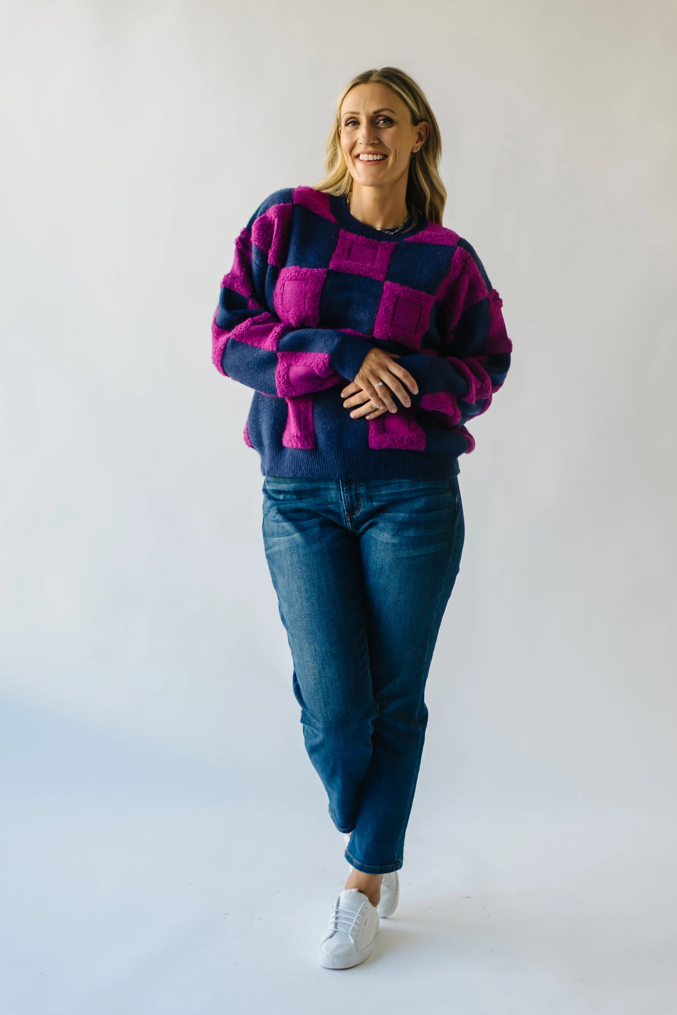 The Cortland Checkered Sweater in Navy   Purple