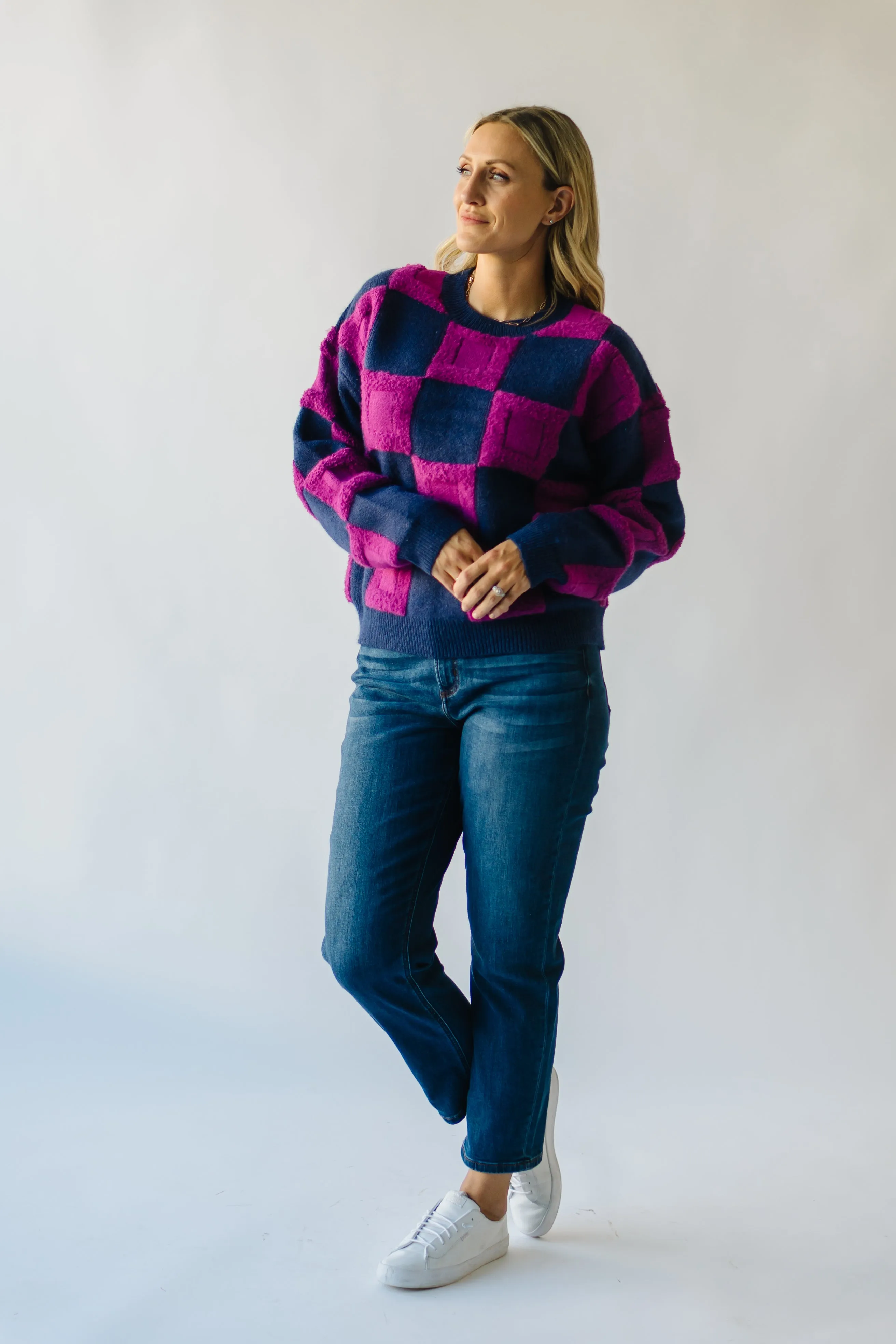 The Cortland Checkered Sweater in Navy   Purple