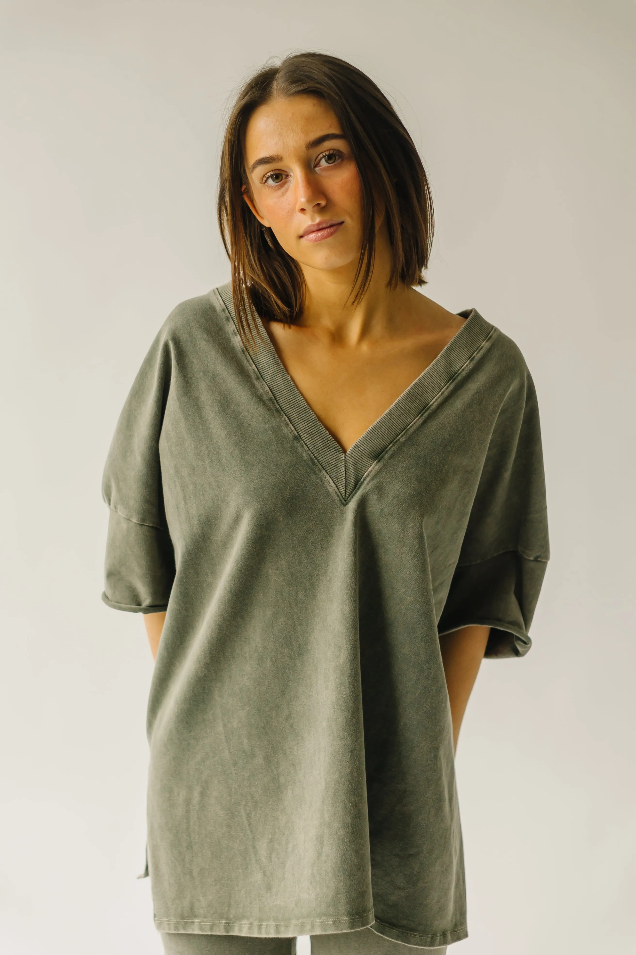 The Kynaston V-Neck Drop Sleeve Tee in Army Green