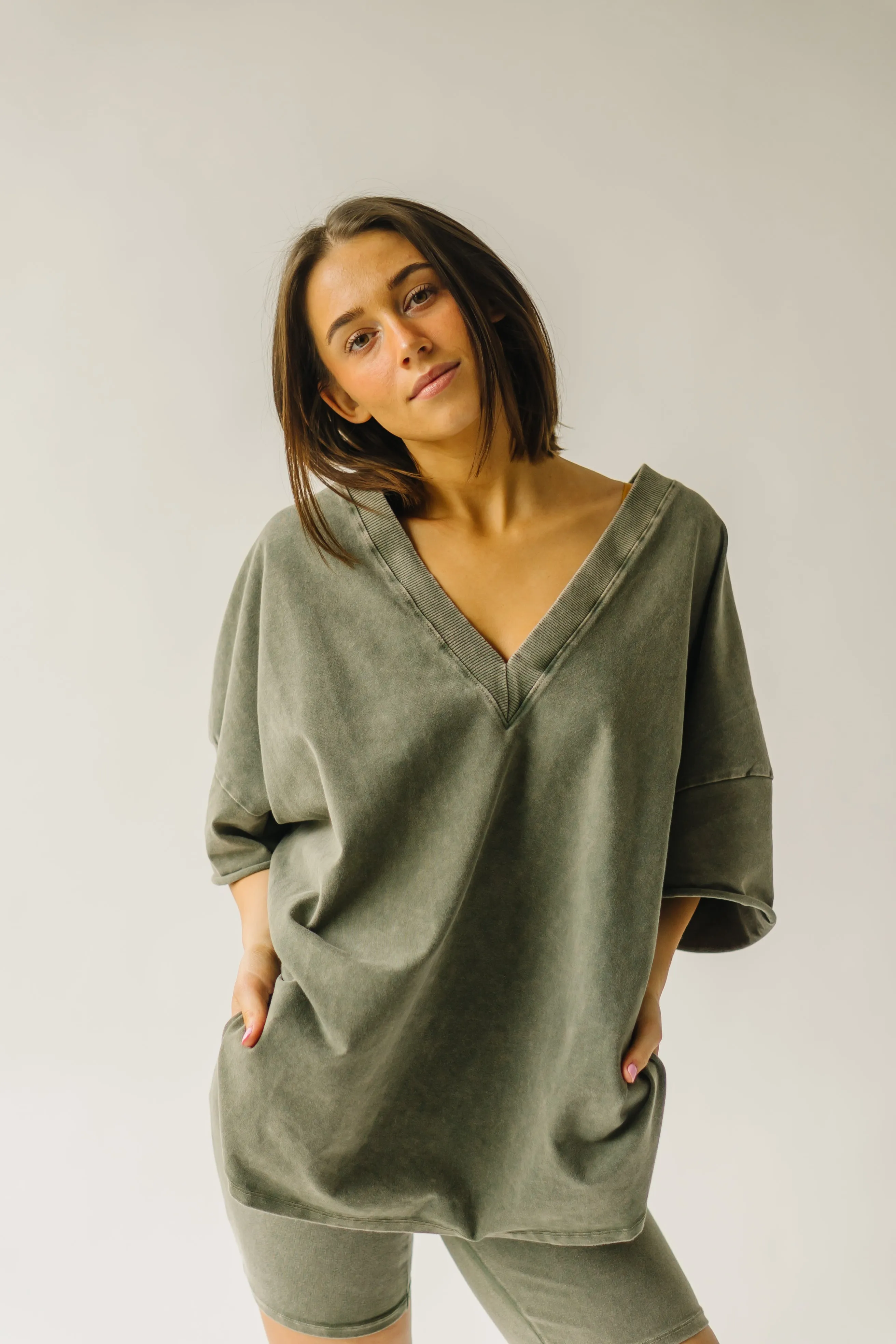 The Kynaston V-Neck Drop Sleeve Tee in Army Green