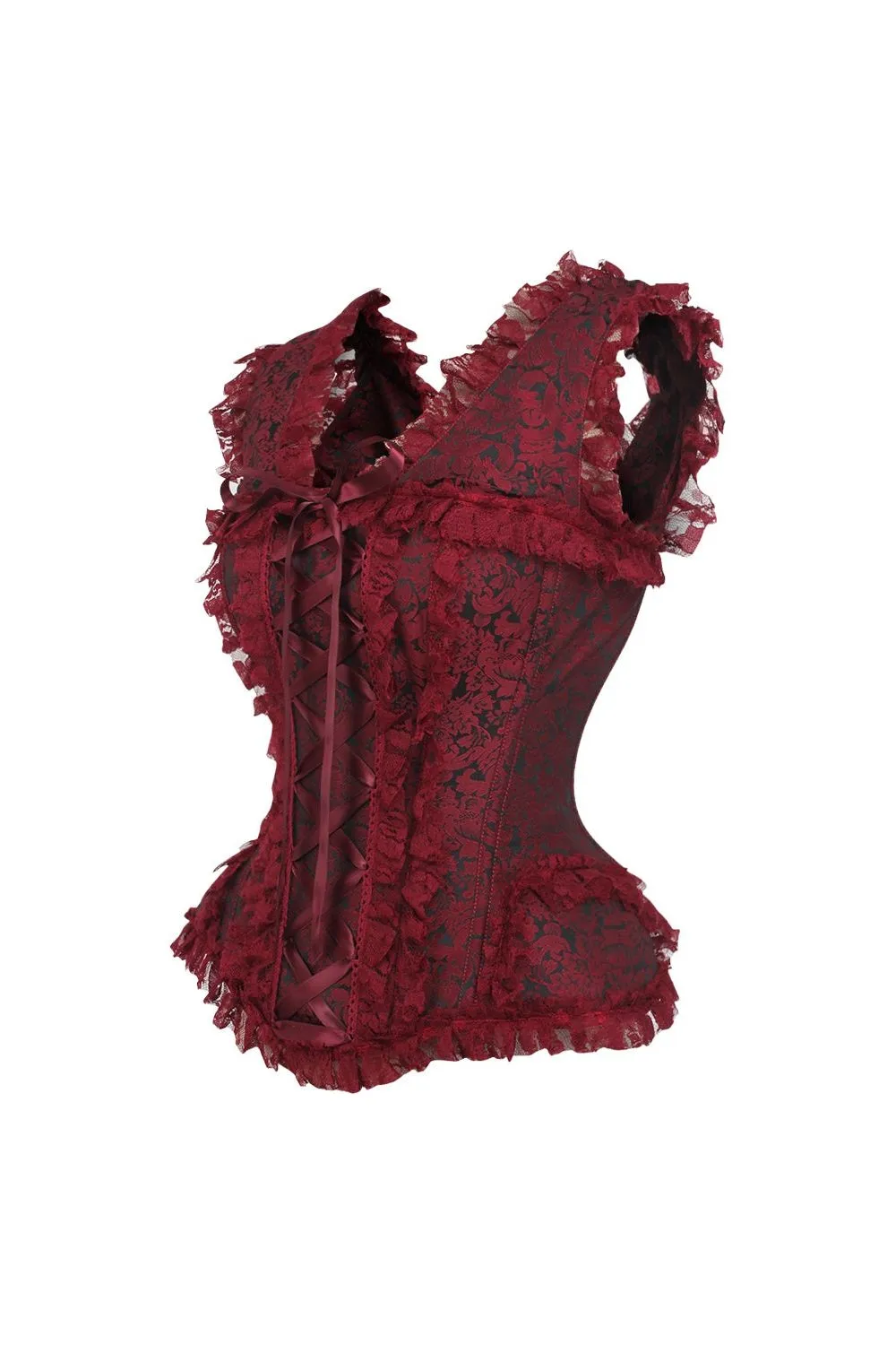 Top Drawer Red/Black Brocade & Lace Steel Boned Corset w/Cap Sleeves