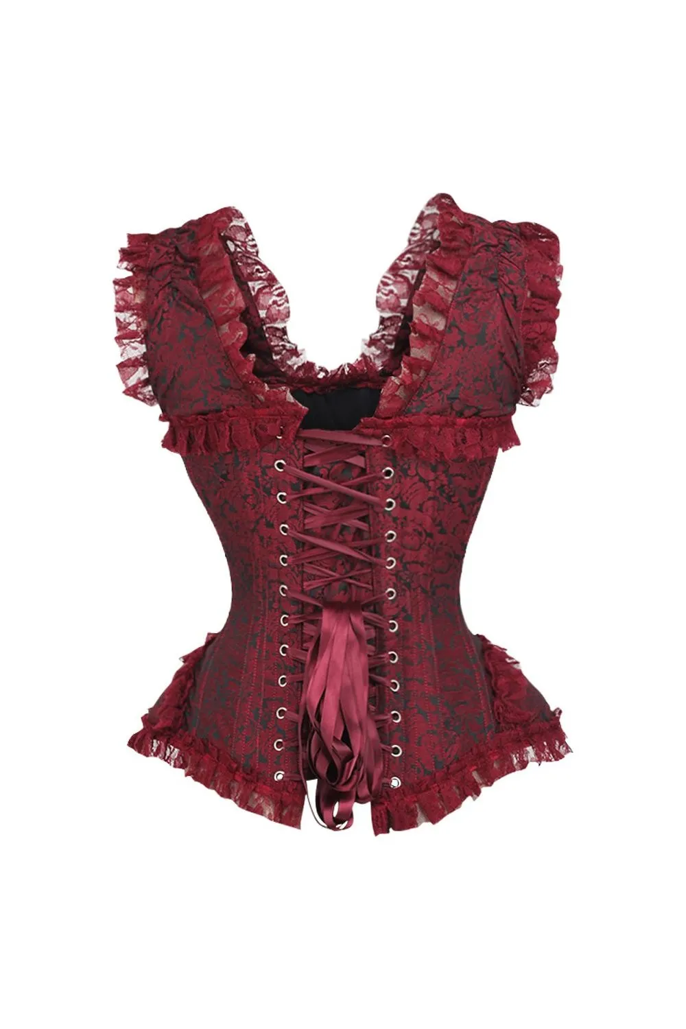 Top Drawer Red/Black Brocade & Lace Steel Boned Corset w/Cap Sleeves