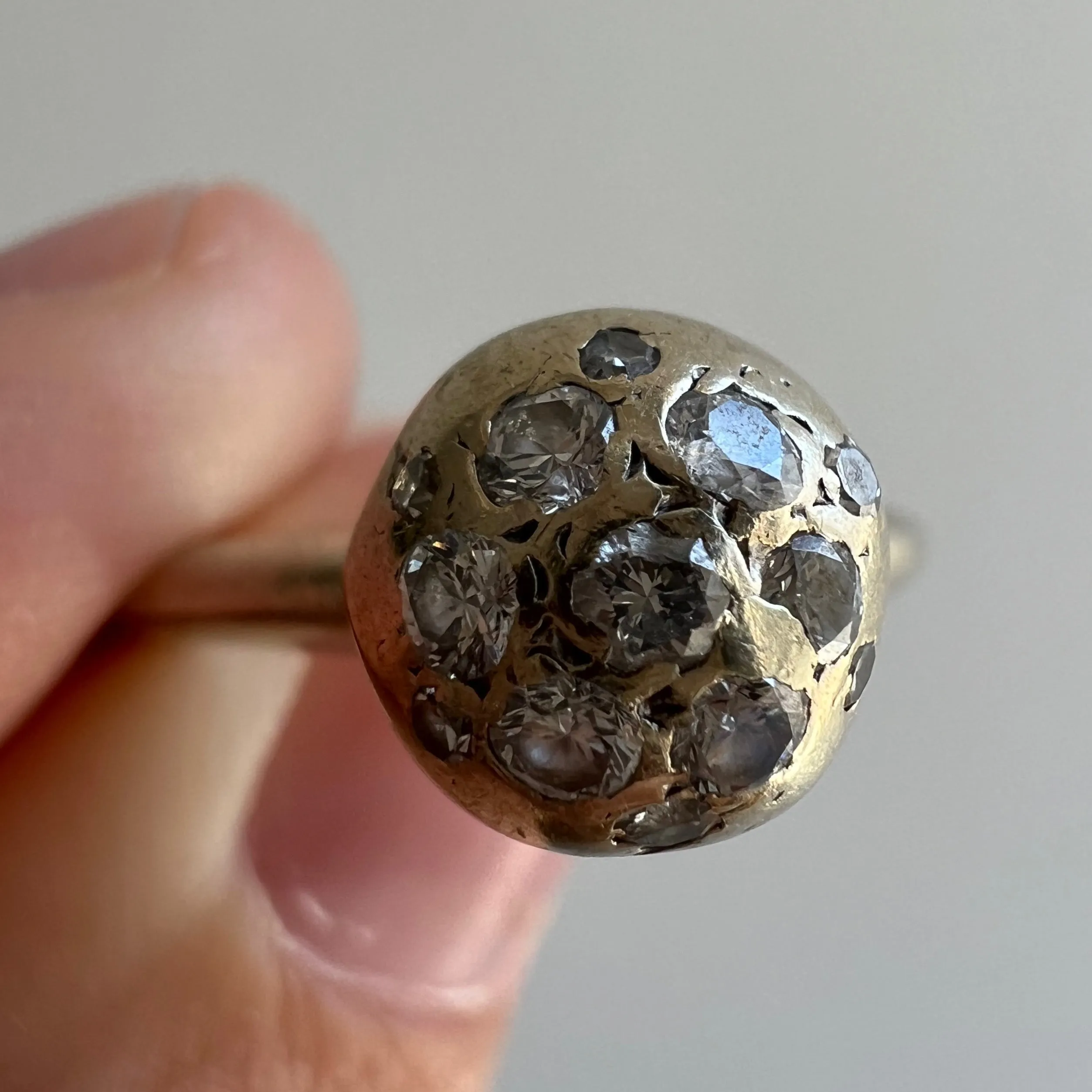 V I N T A G E // atomic disco / 14k white gold dome ball glitter mid century ring / diamond cluster / size 4.5