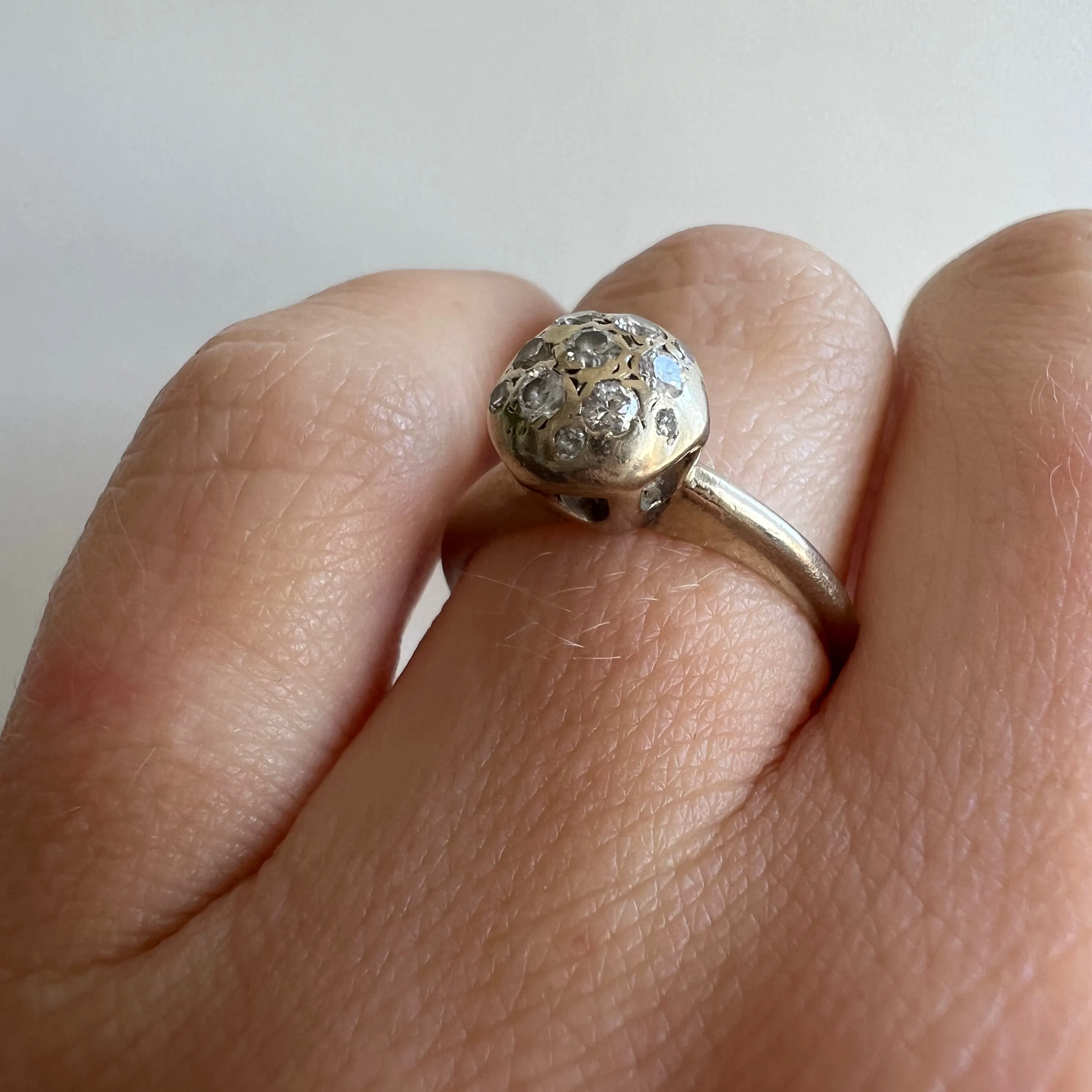 V I N T A G E // atomic disco / 14k white gold dome ball glitter mid century ring / diamond cluster / size 4.5