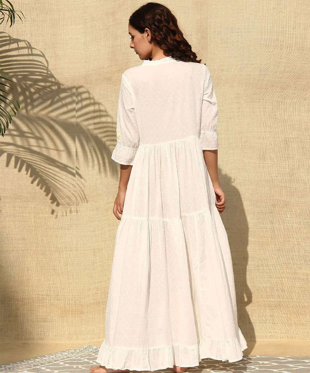 White hand embroidered cotton dobby tiered dress