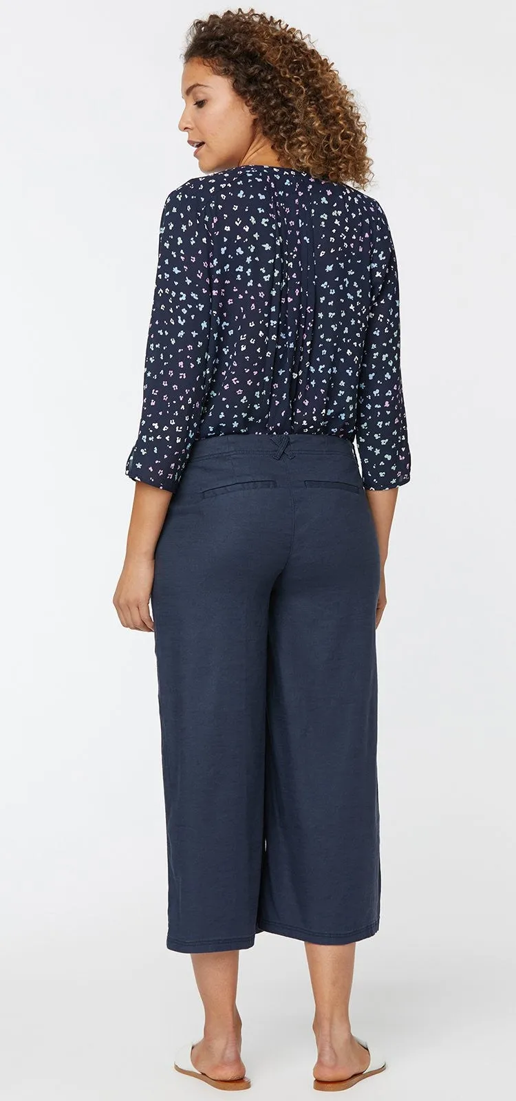 Wide Leg Crop Blauw Stretch Linnen | Oxford Navy