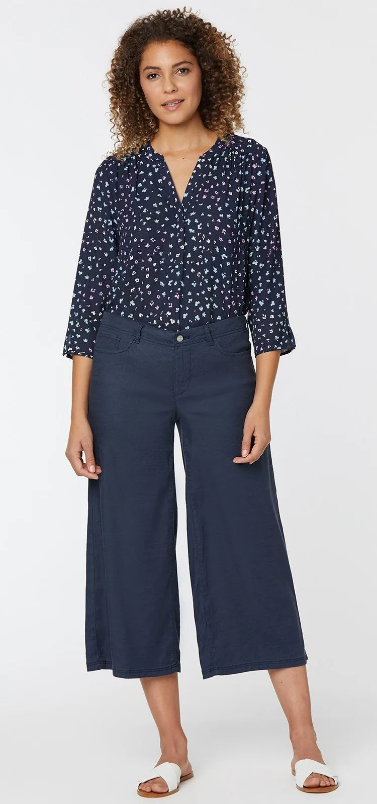 Wide Leg Crop Blauw Stretch Linnen | Oxford Navy