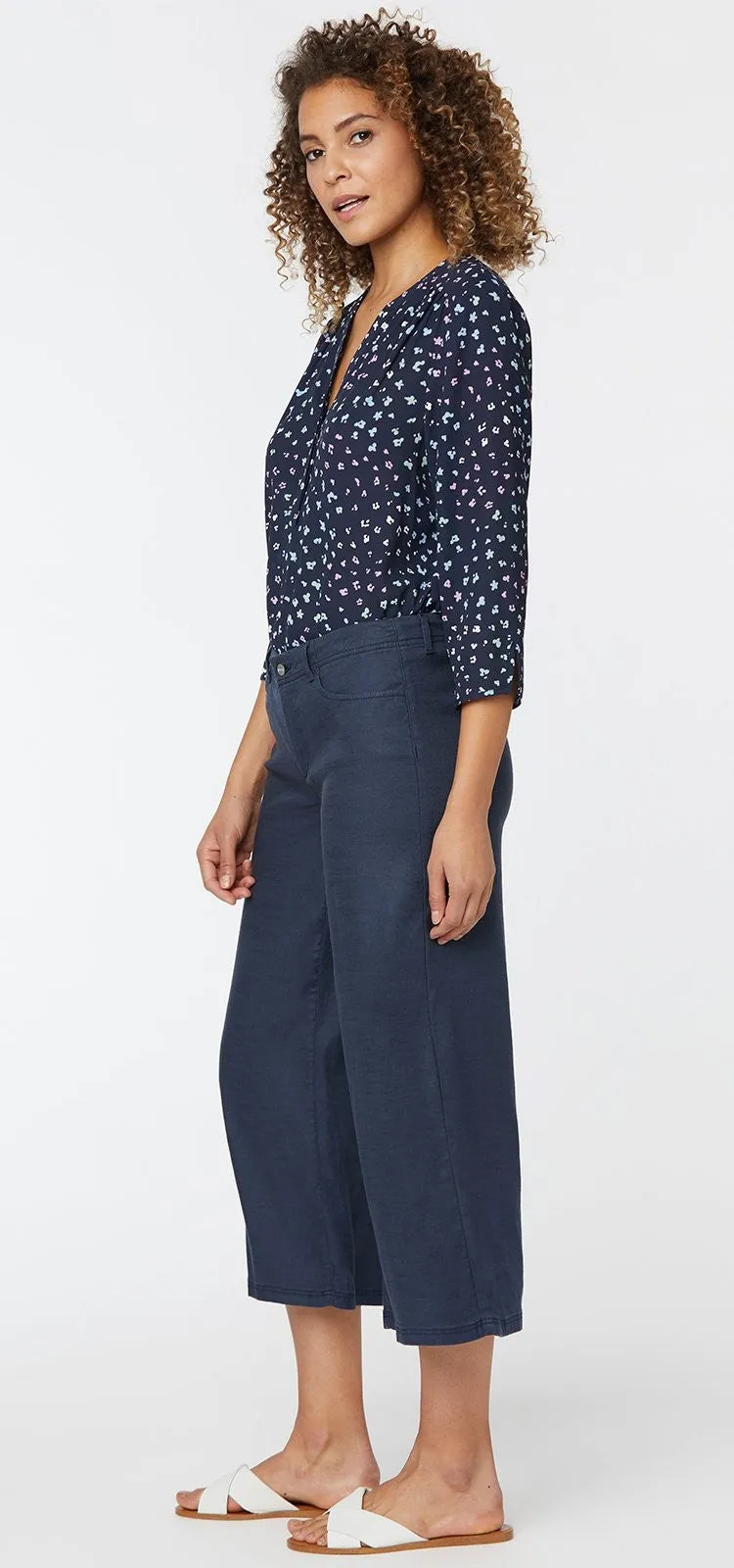 Wide Leg Crop Blauw Stretch Linnen | Oxford Navy