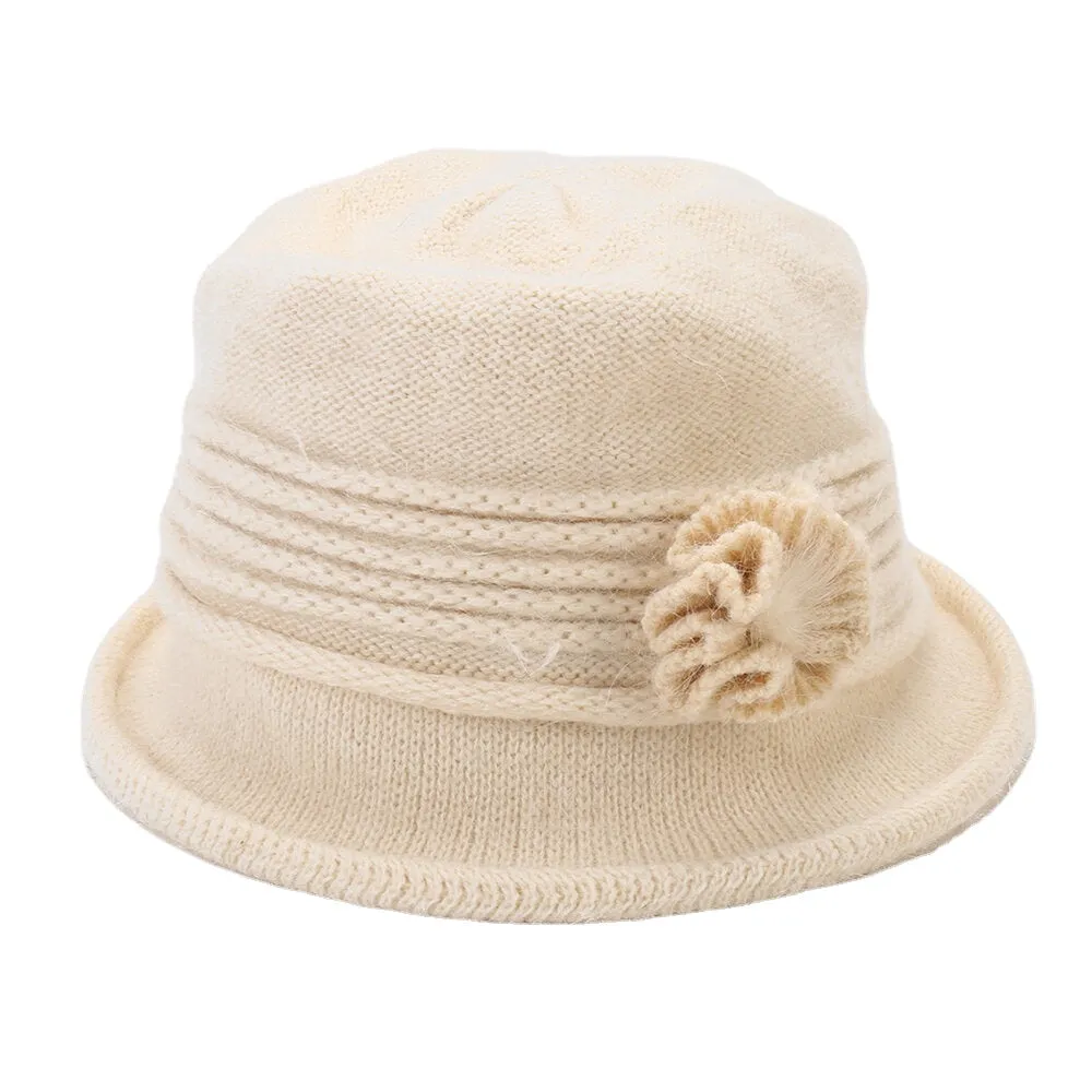 Women Rabbit Hair Plus Thicken Warm Flower Decoration Fashion Casual Knitted Hat Bucket Hat