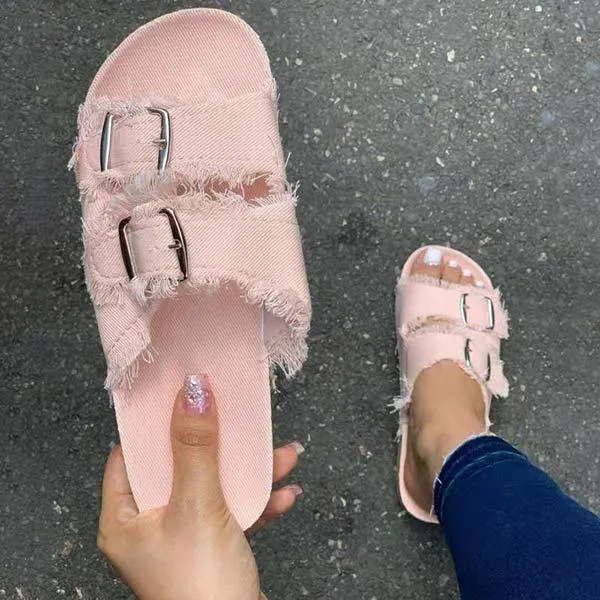 Women's Casual Denim Canvas Flat Slide Sandals 23836885C