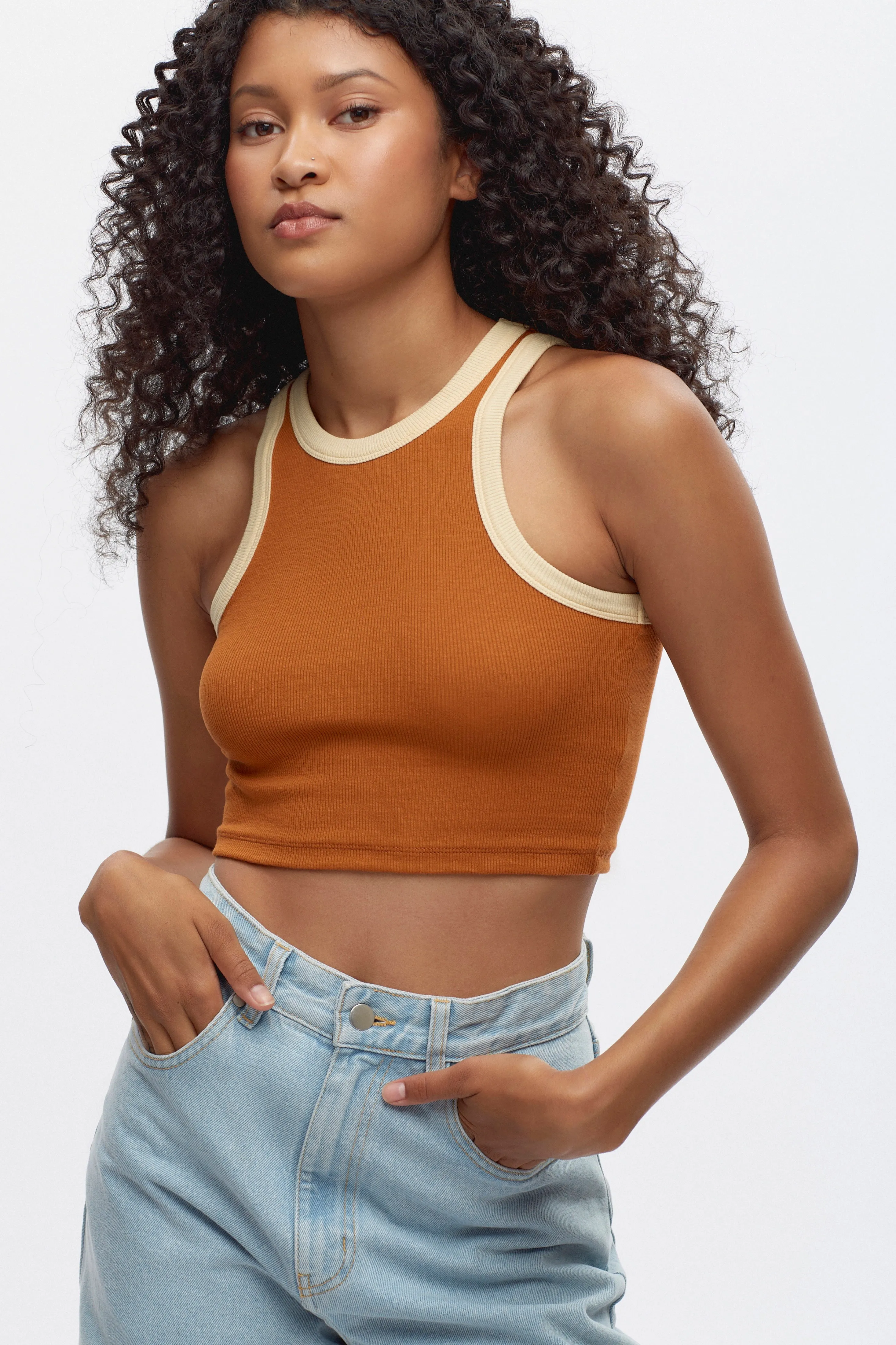 Women's Crop Racer Tank in Caramel/Butter Rib